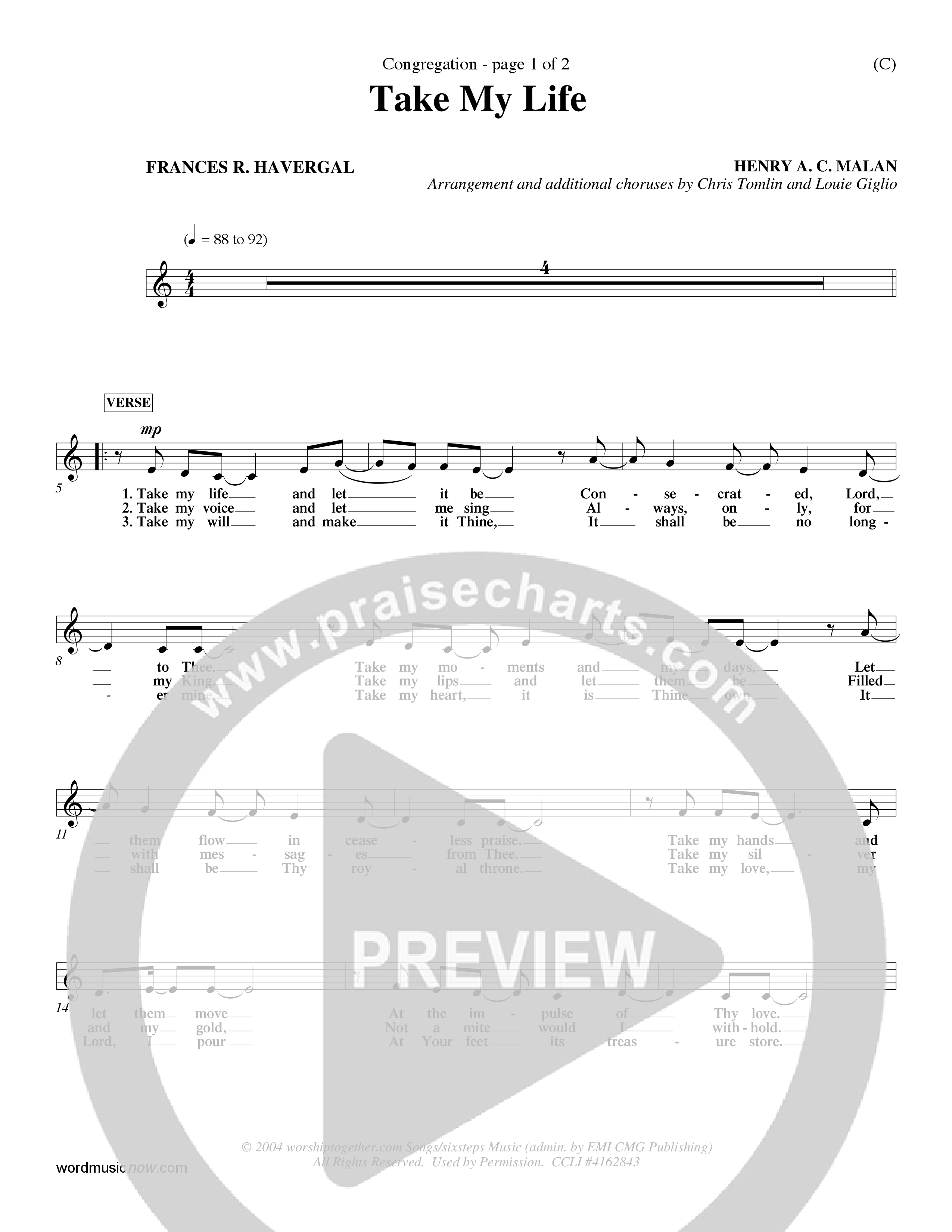 Take My Life (Choral Anthem SATB) Lead Sheet (Mel) (Word Music Choral / Orch. Dave Williamson)