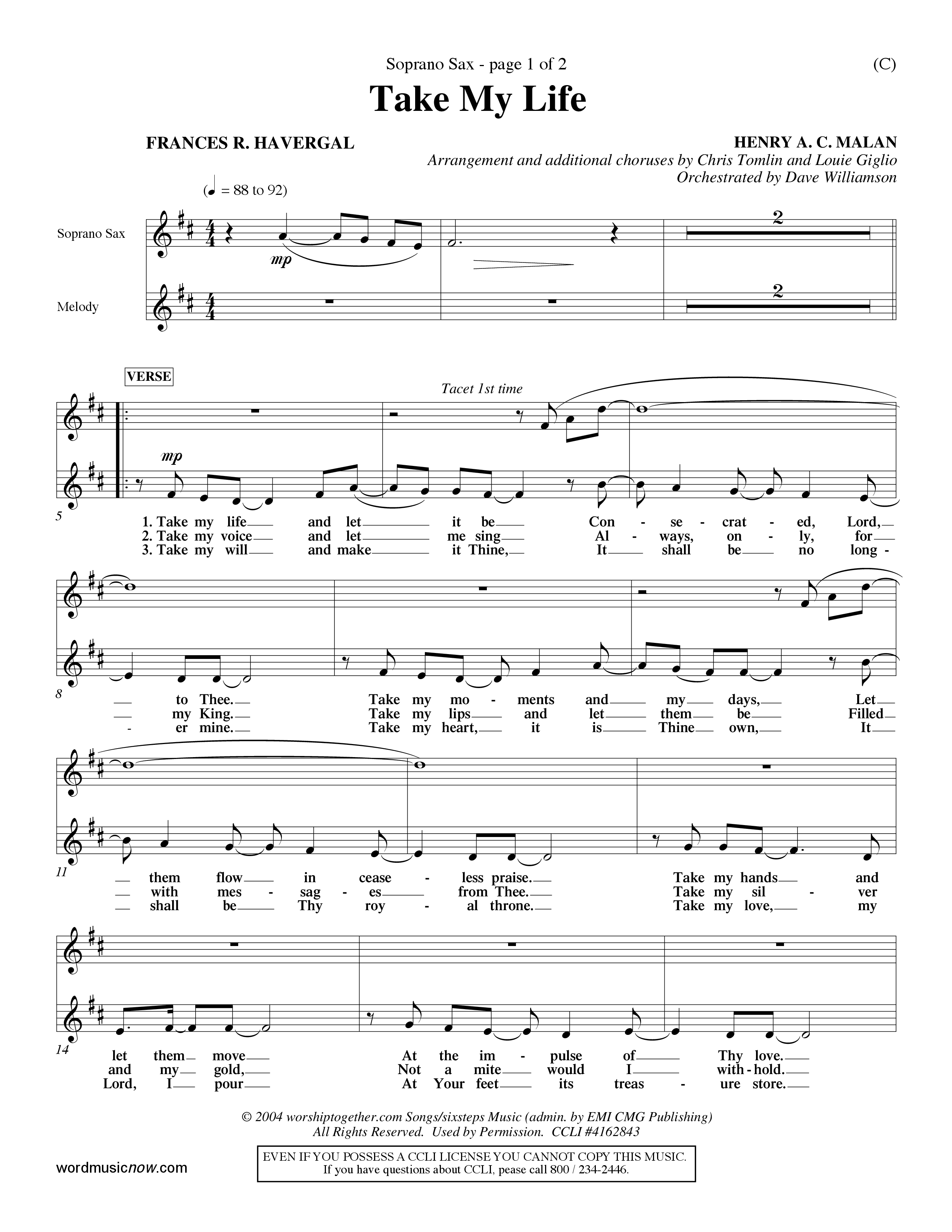Take My Life (Choral Anthem SATB) Saxophone (Word Music Choral / Orch. Dave Williamson)