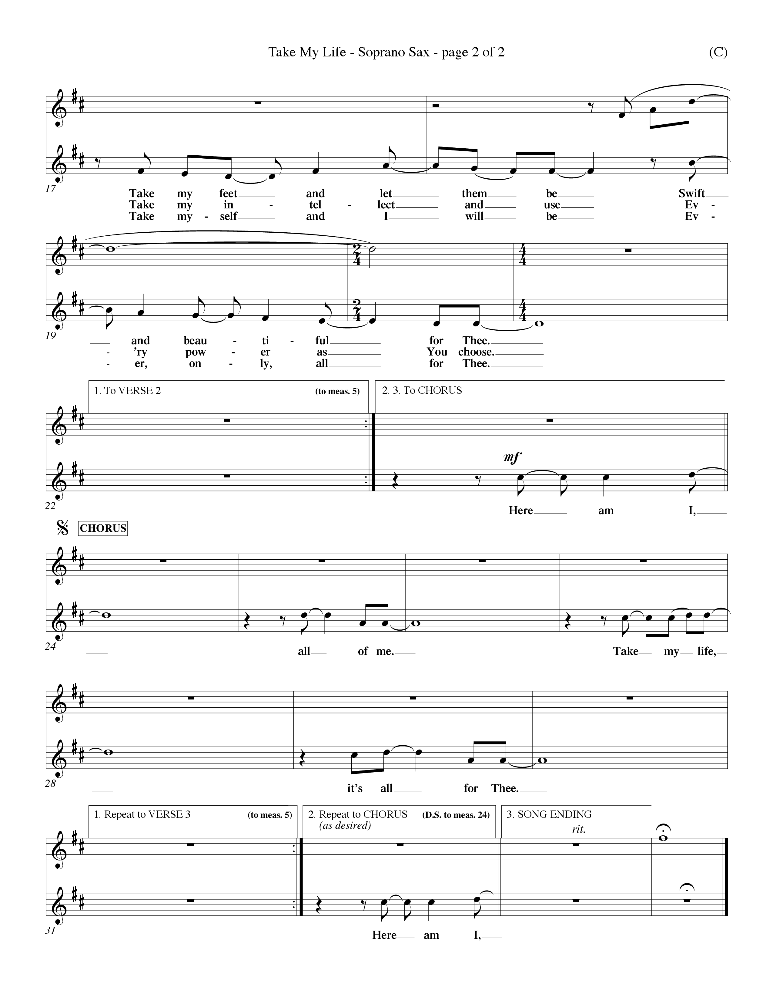 Take My Life (Choral Anthem SATB) Saxophone (Word Music Choral / Orch. Dave Williamson)