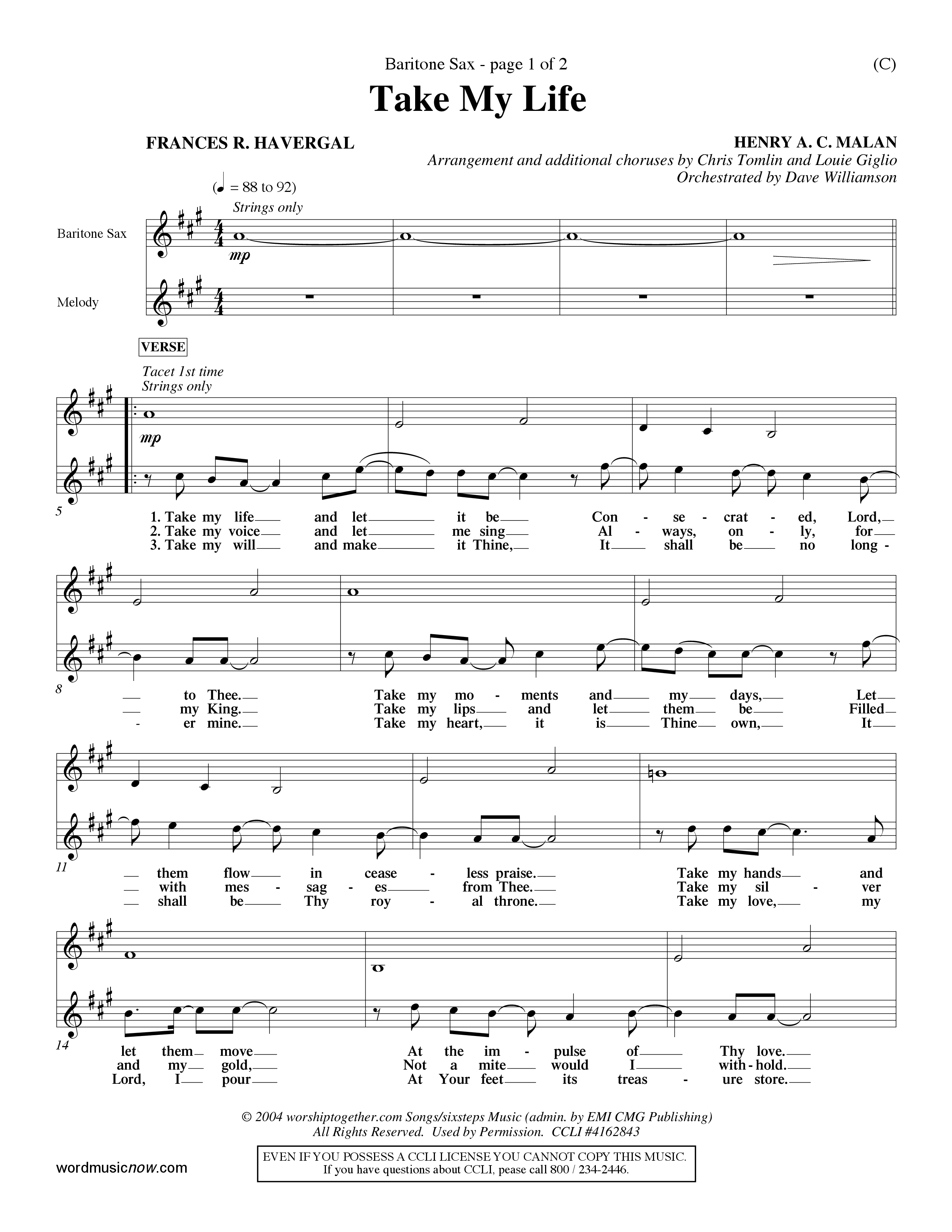 Take My Life (Choral Anthem SATB) Saxophone (Word Music Choral / Orch. Dave Williamson)