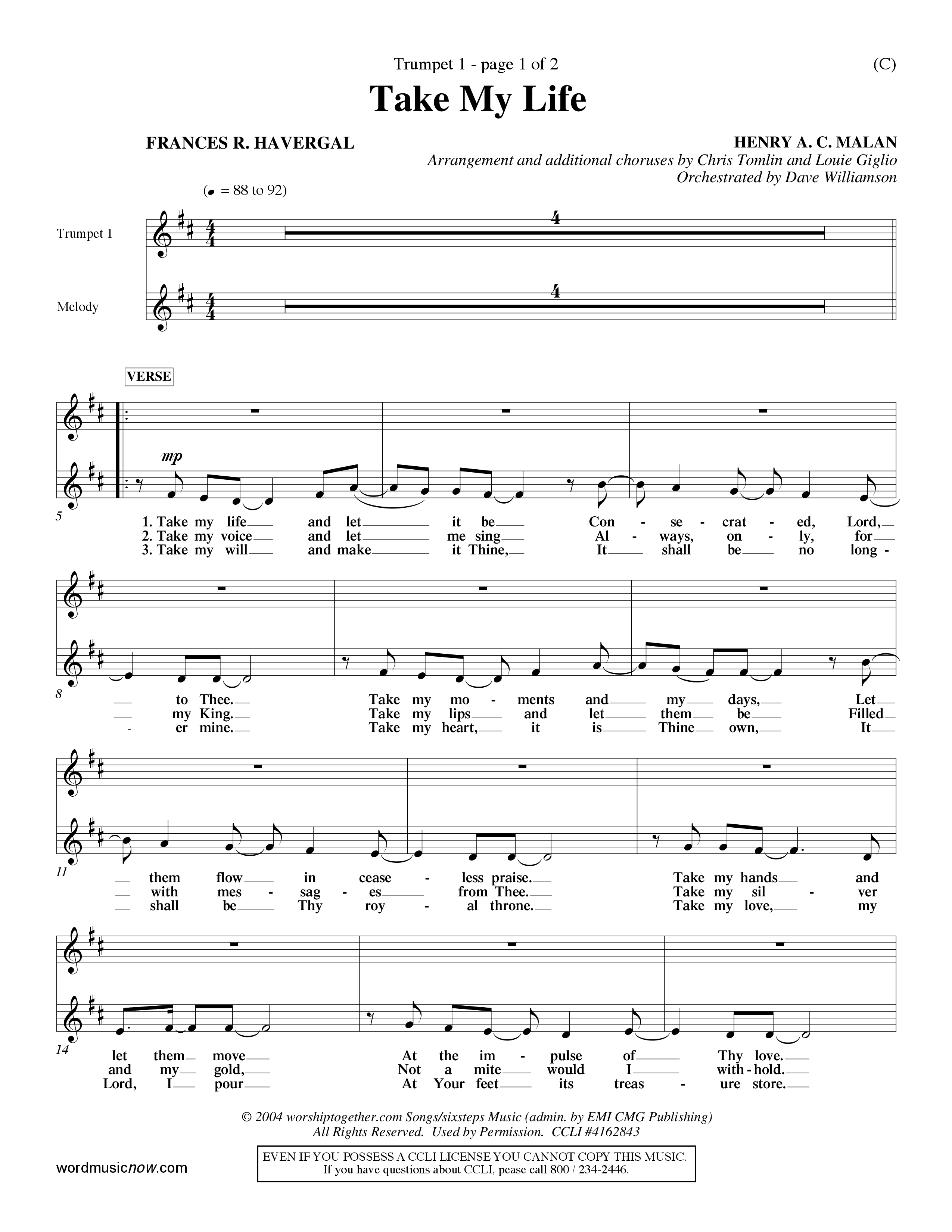 Take My Life (Choral Anthem SATB) Trumpet 1 (Word Music Choral / Orch. Dave Williamson)
