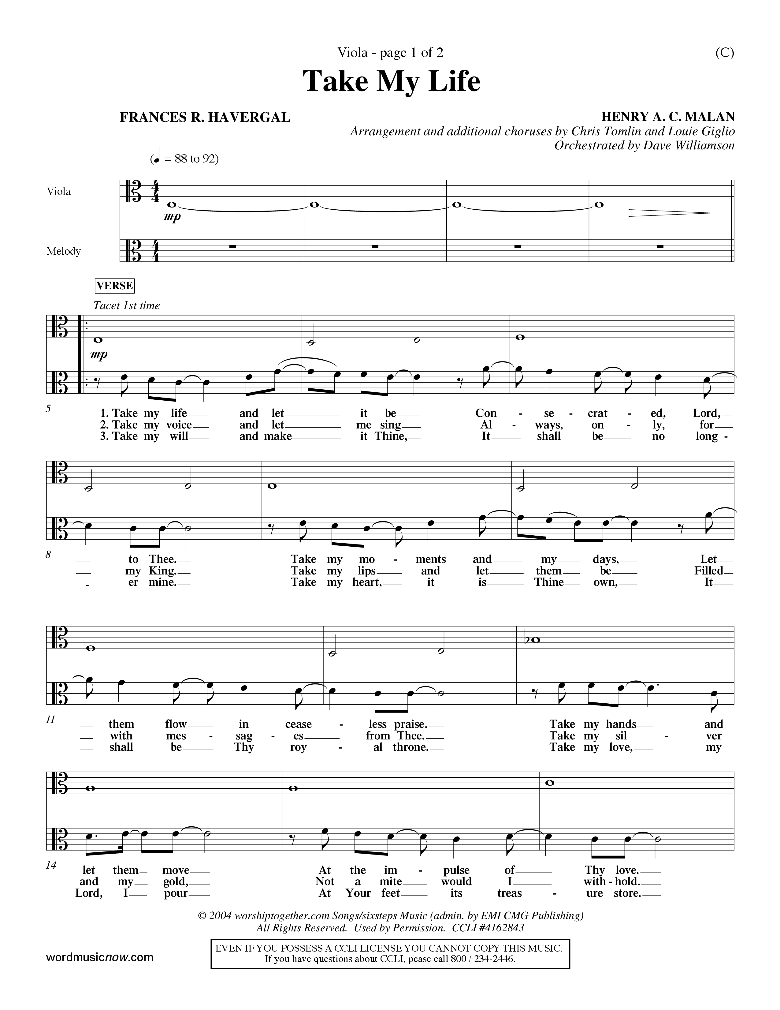 Take My Life (Choral Anthem SATB) Viola (Word Music Choral / Orch. Dave Williamson)