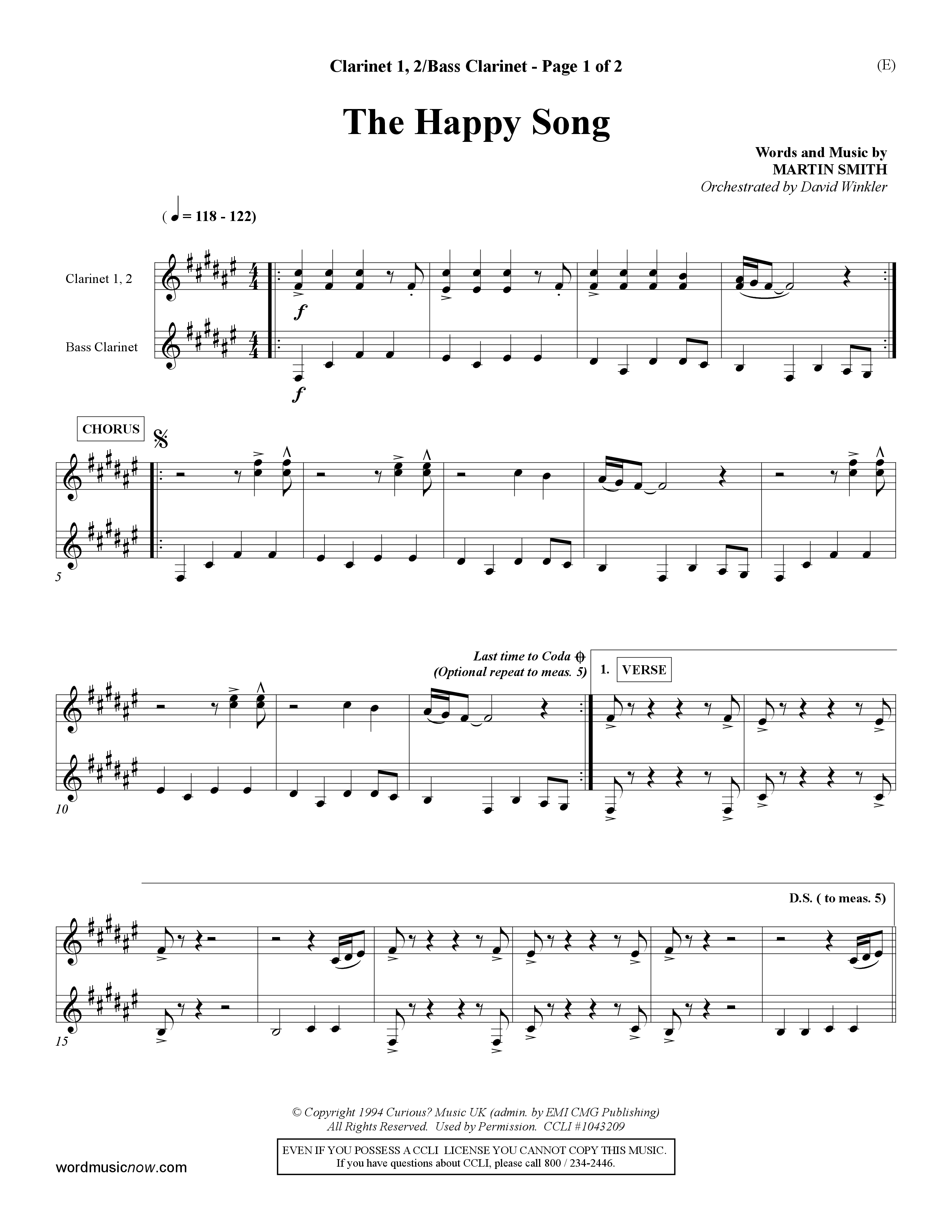 The Happy Song (Choral Anthem SATB) Clarinet 1/2, Bass Clarinet (Word Music Choral / Orch. David Winkler)