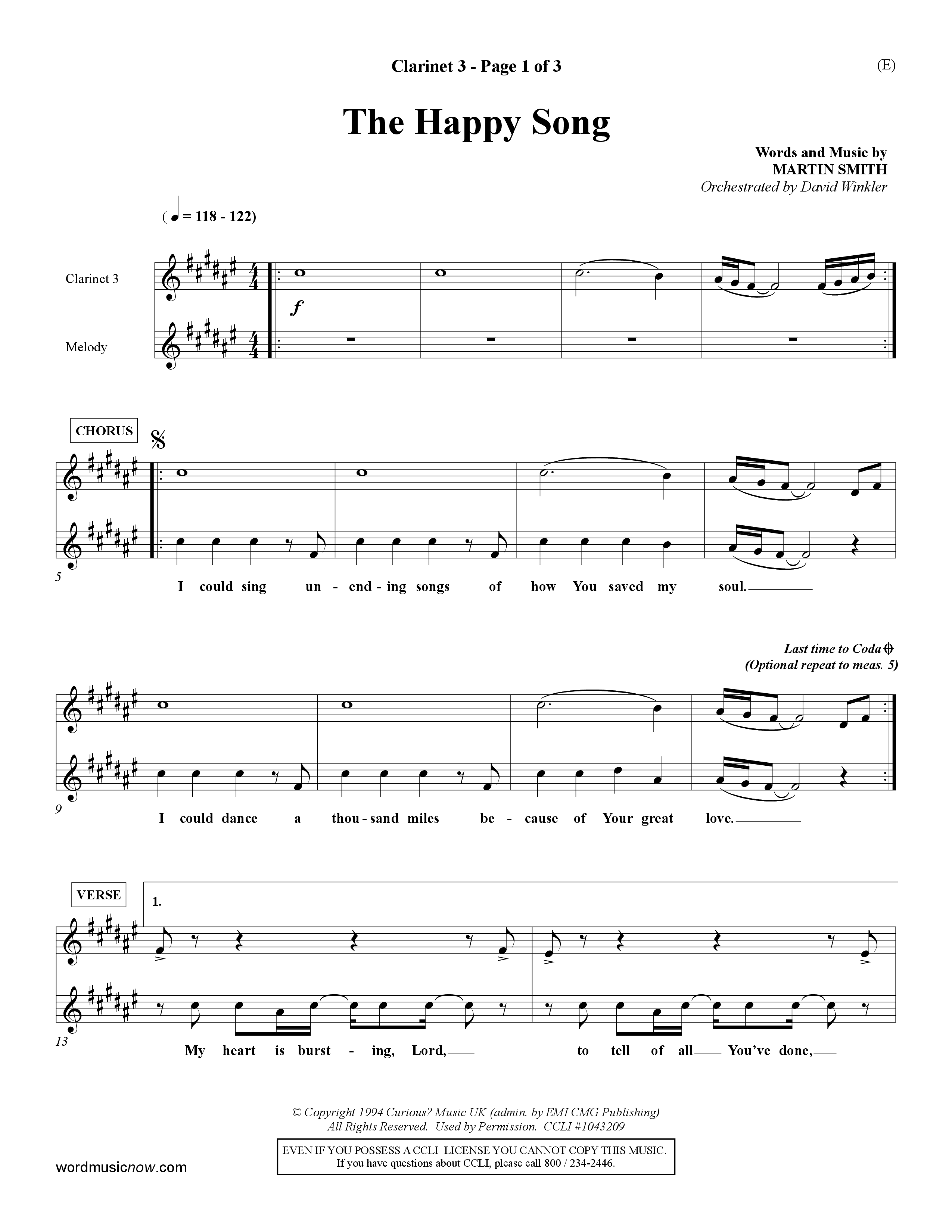 The Happy Song (Choral Anthem SATB) Clarinet 3 (Word Music Choral / Orch. David Winkler)