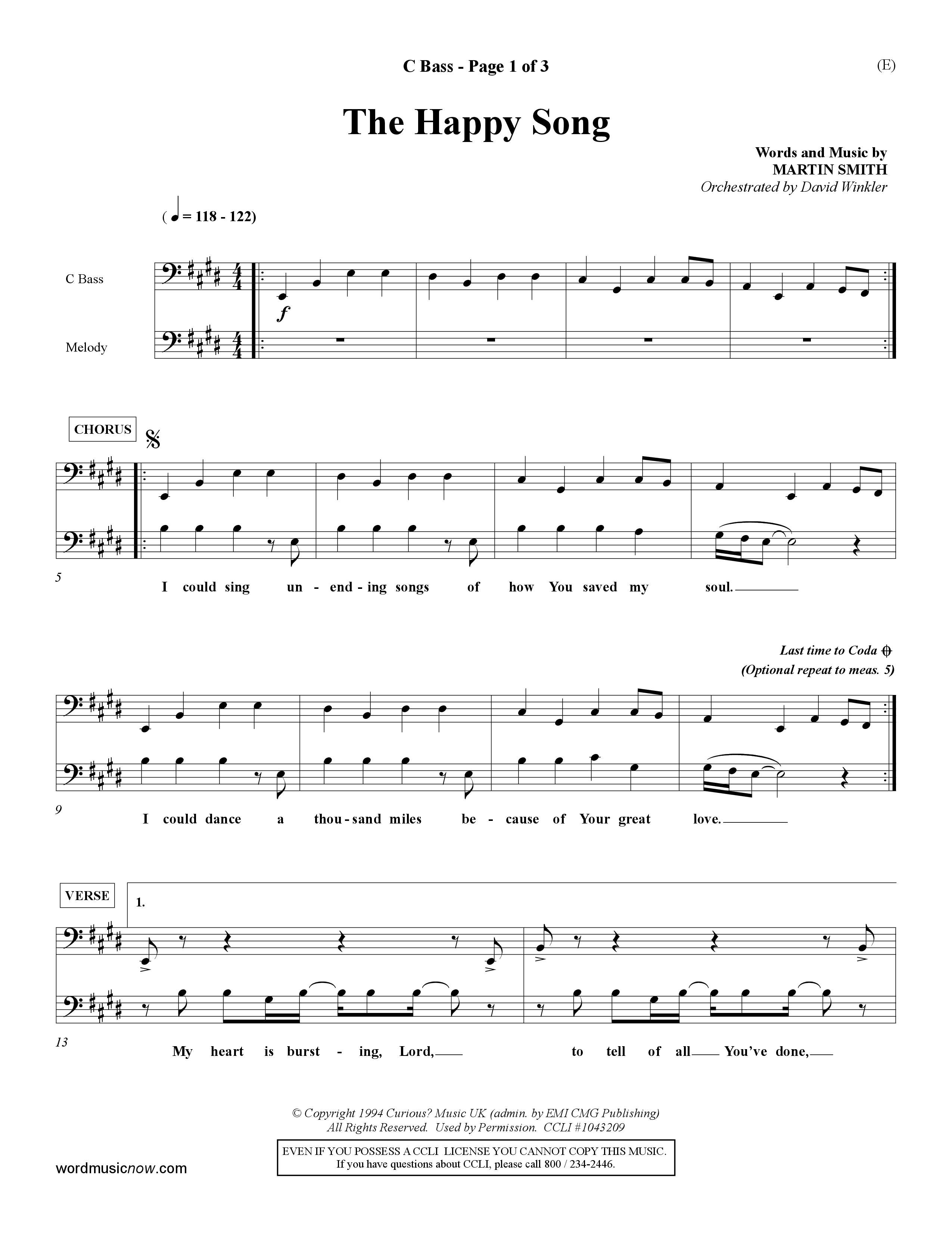 The Happy Song (Choral Anthem SATB) Contrabass (Word Music Choral / Orch. David Winkler)