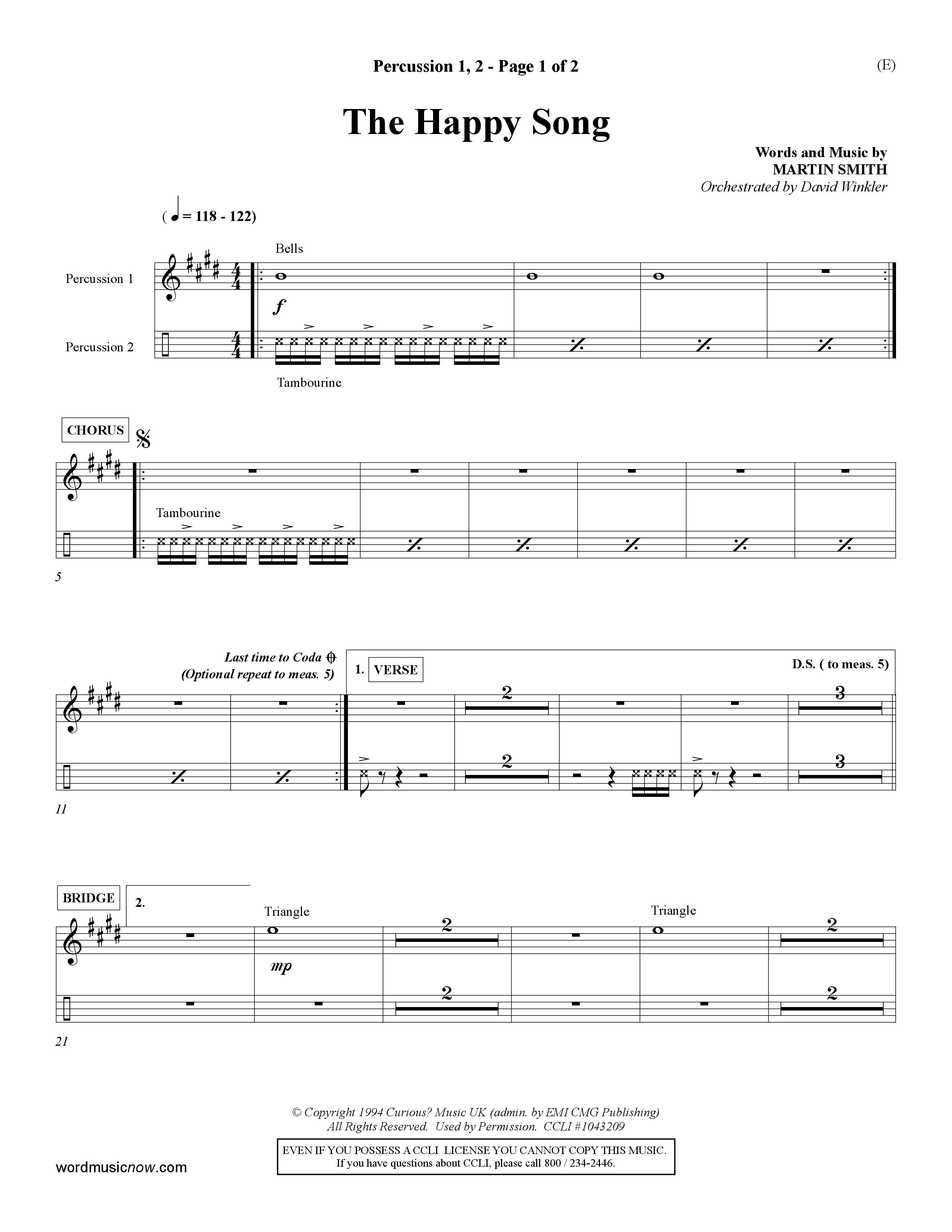 The Happy Song (Choral Anthem SATB) Percussion 1/2 (Word Music Choral / Orch. David Winkler)