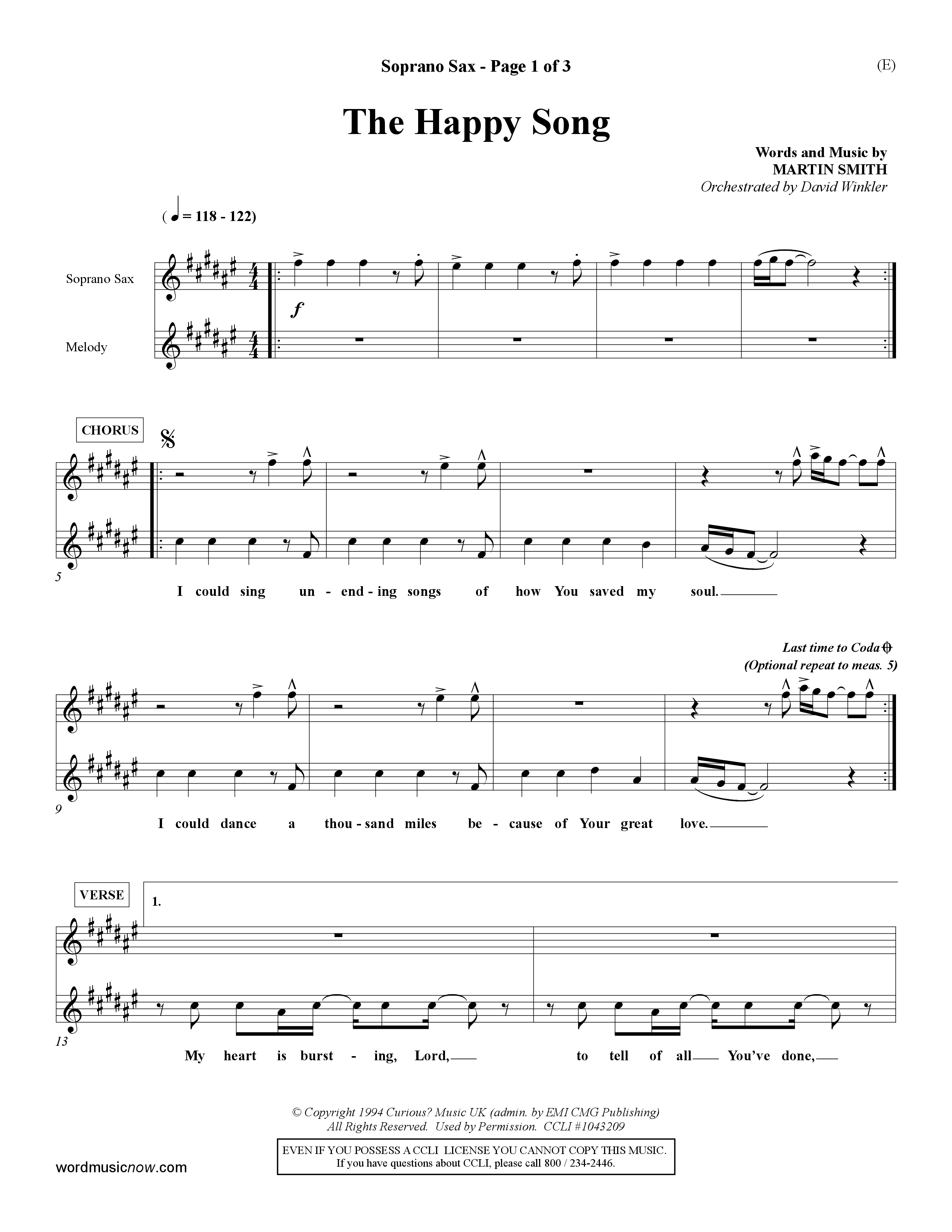 The Happy Song (Choral Anthem SATB) Saxophone (Word Music Choral / Orch. David Winkler)