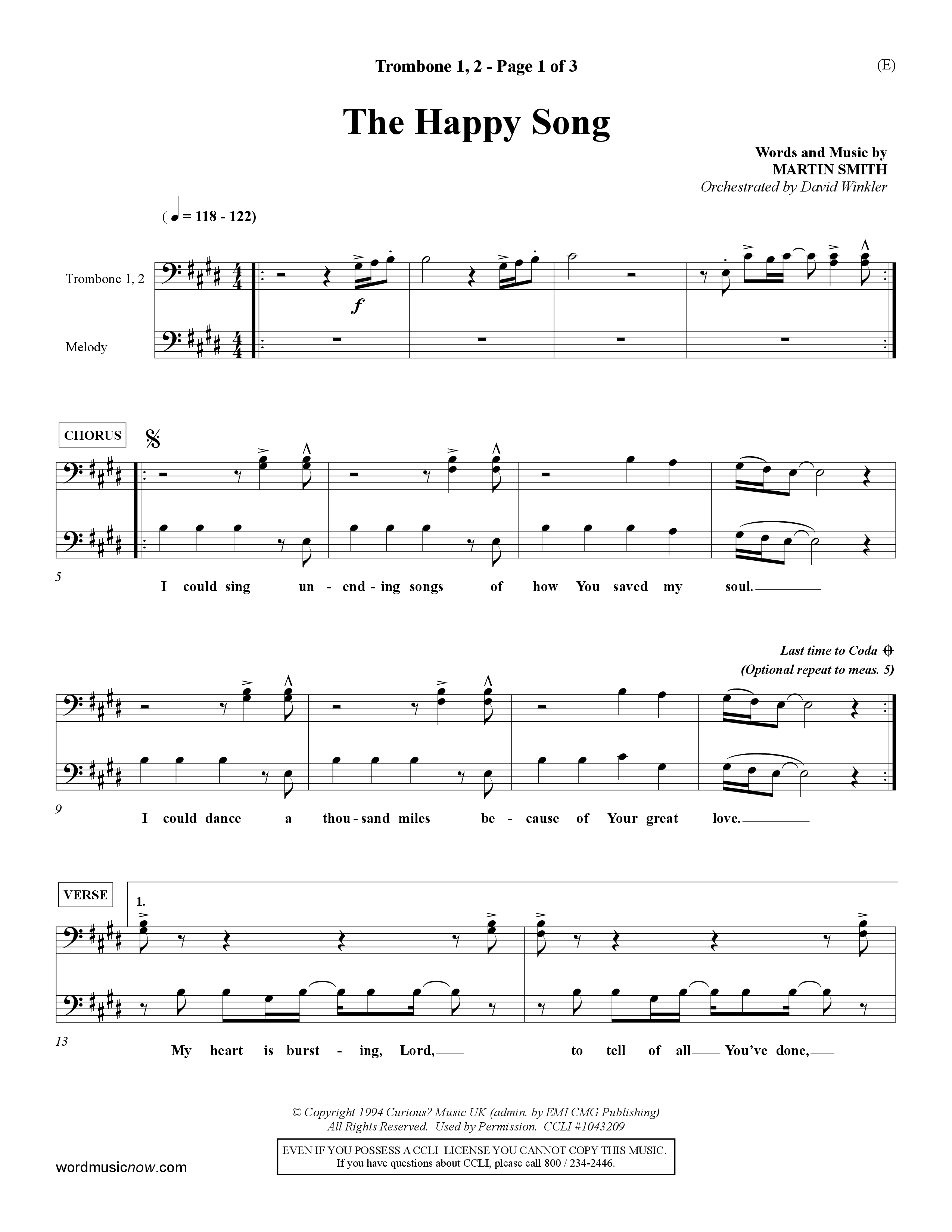 The Happy Song (Choral Anthem SATB) Trombone 1/2 (Word Music Choral / Orch. David Winkler)