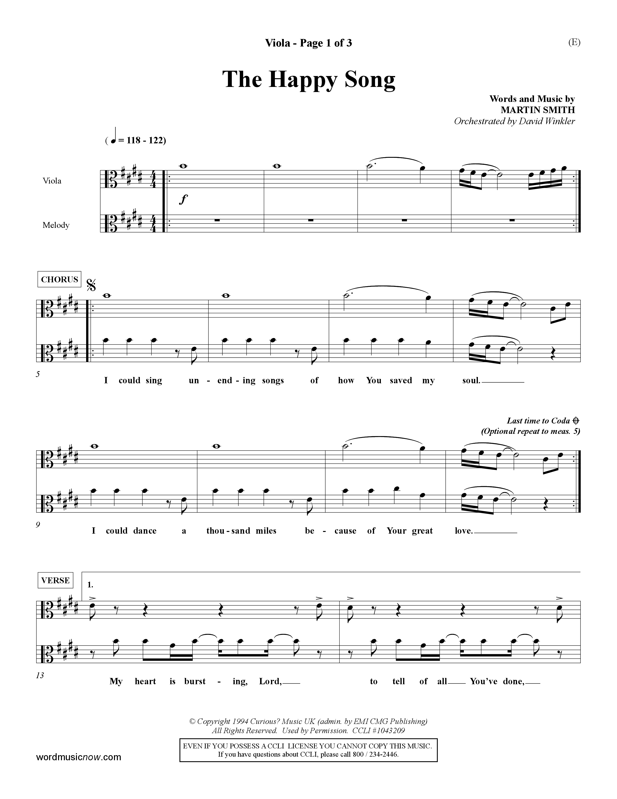 The Happy Song (Choral Anthem SATB) Viola (Word Music Choral / Orch. David Winkler)