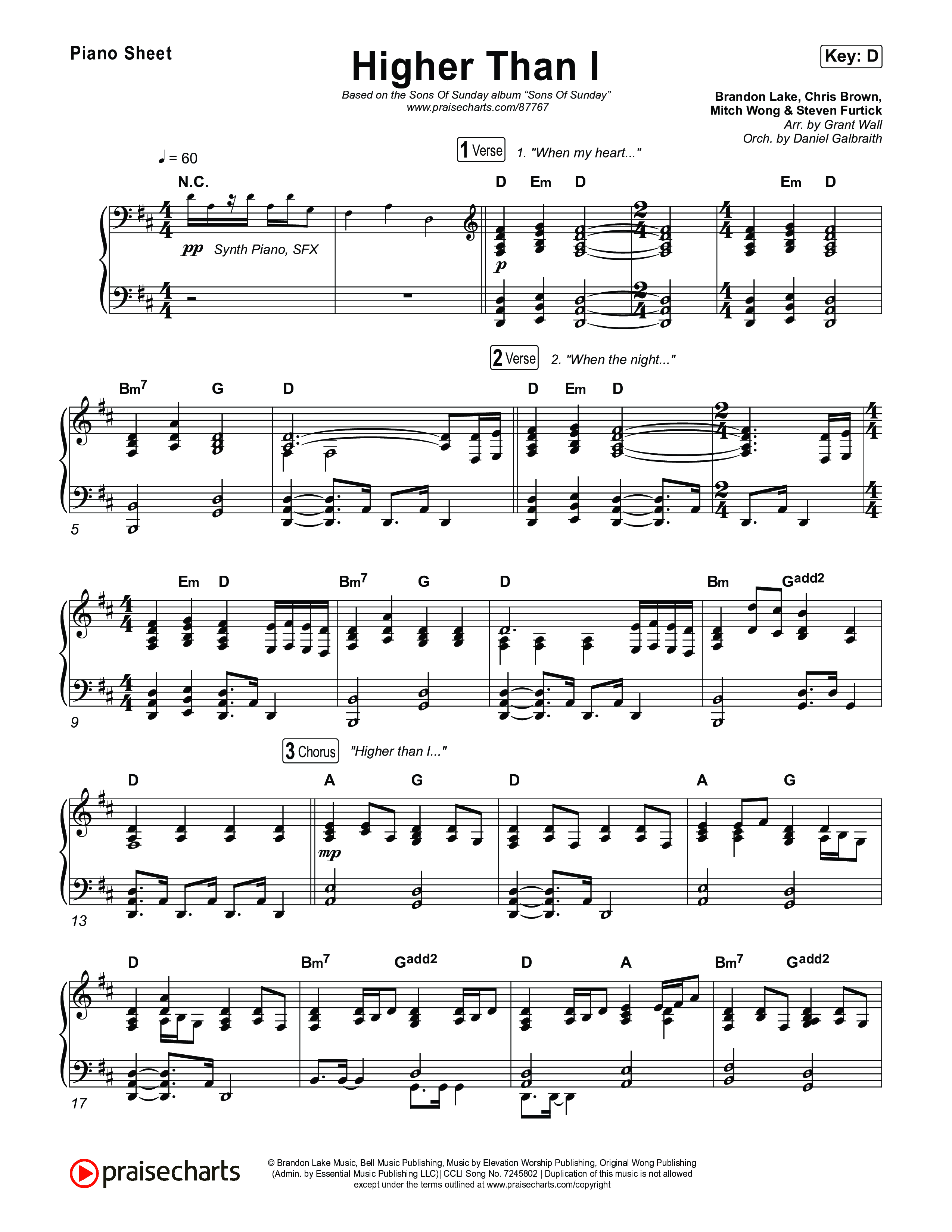 Higher Than I Piano Sheet (Sons Of Sunday)