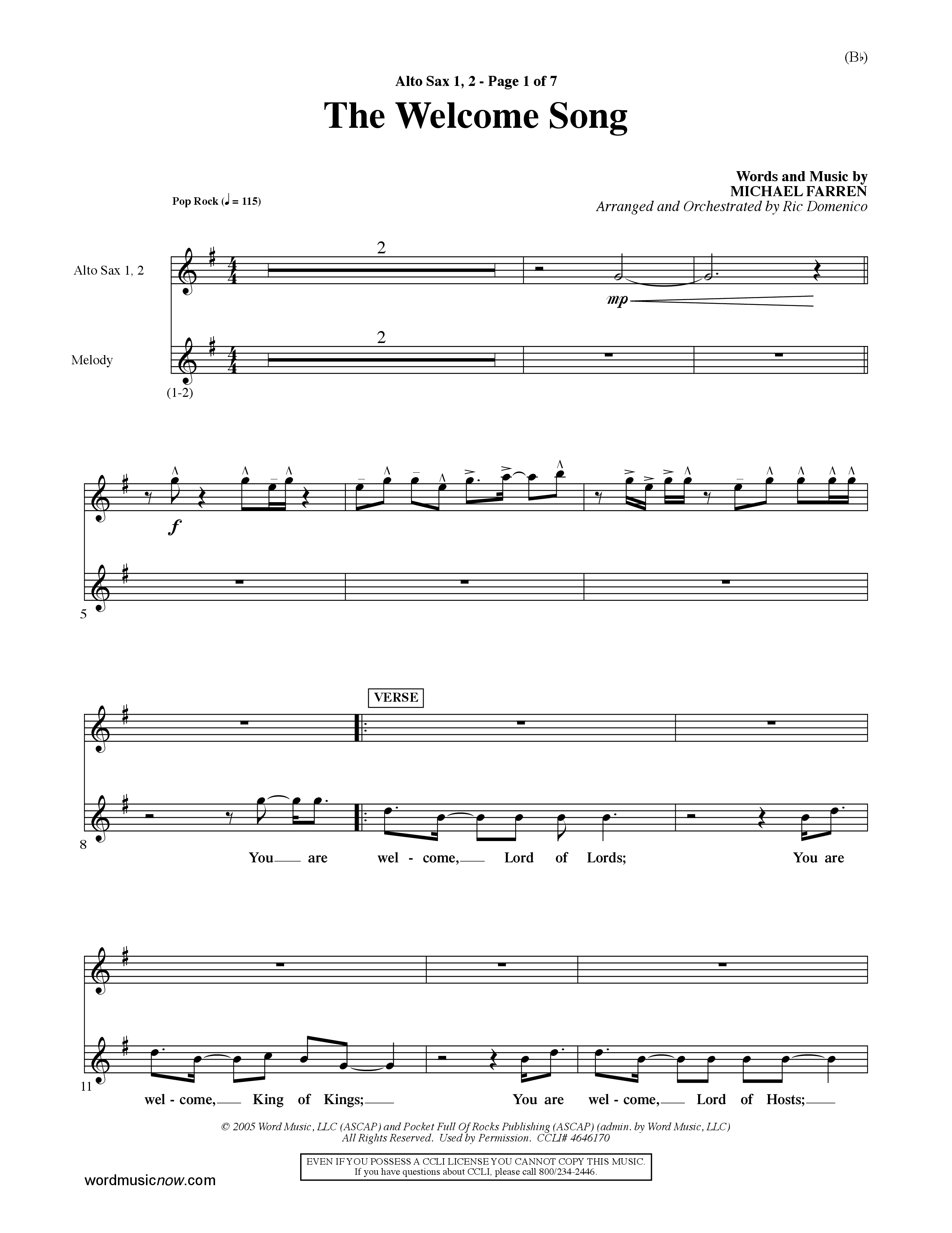 The Welcome Song (Choral Anthem SATB) Alto Sax 1/2 (Word Music Choral / Orch. Ric Domenico)