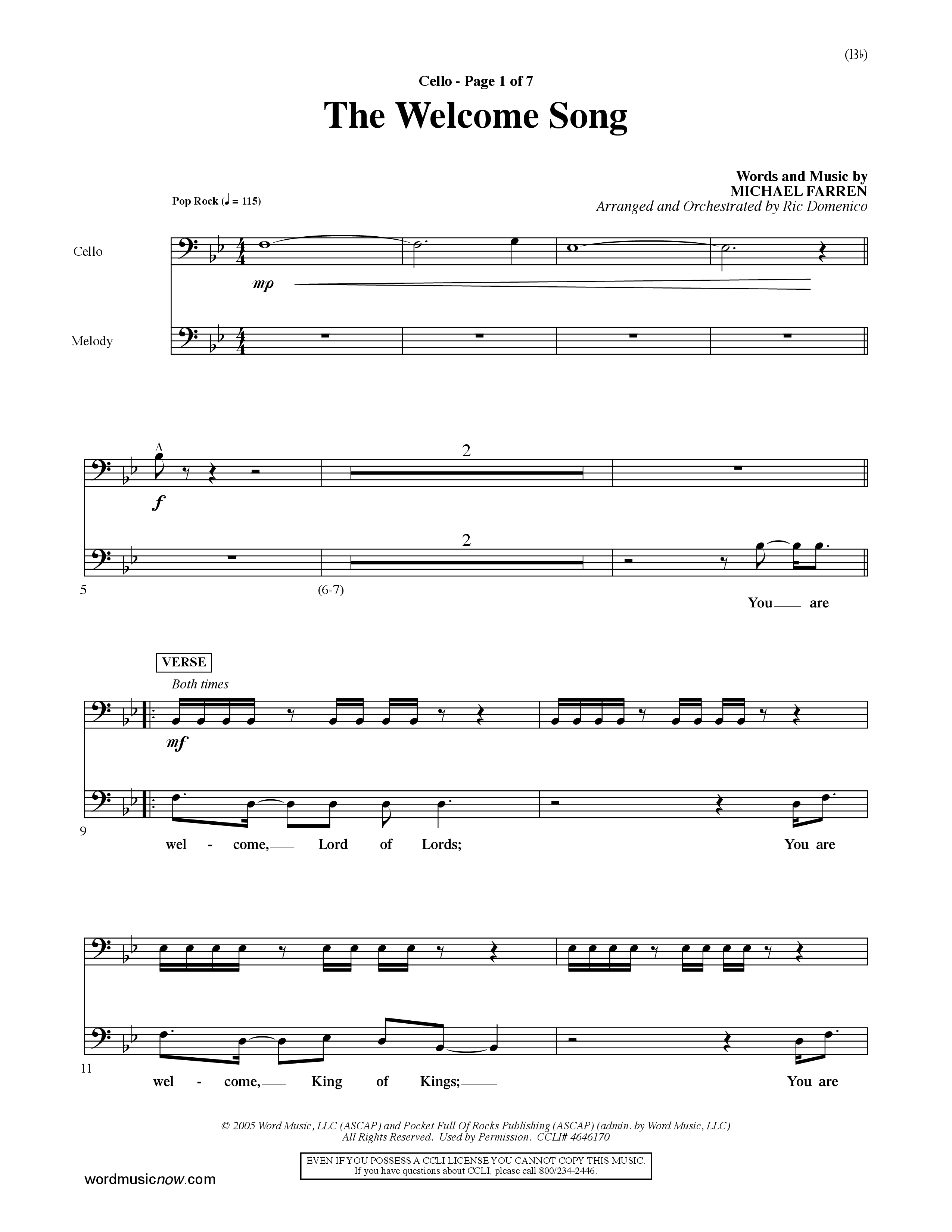 The Welcome Song (Choral Anthem SATB) Cello (Word Music Choral / Orch. Ric Domenico)