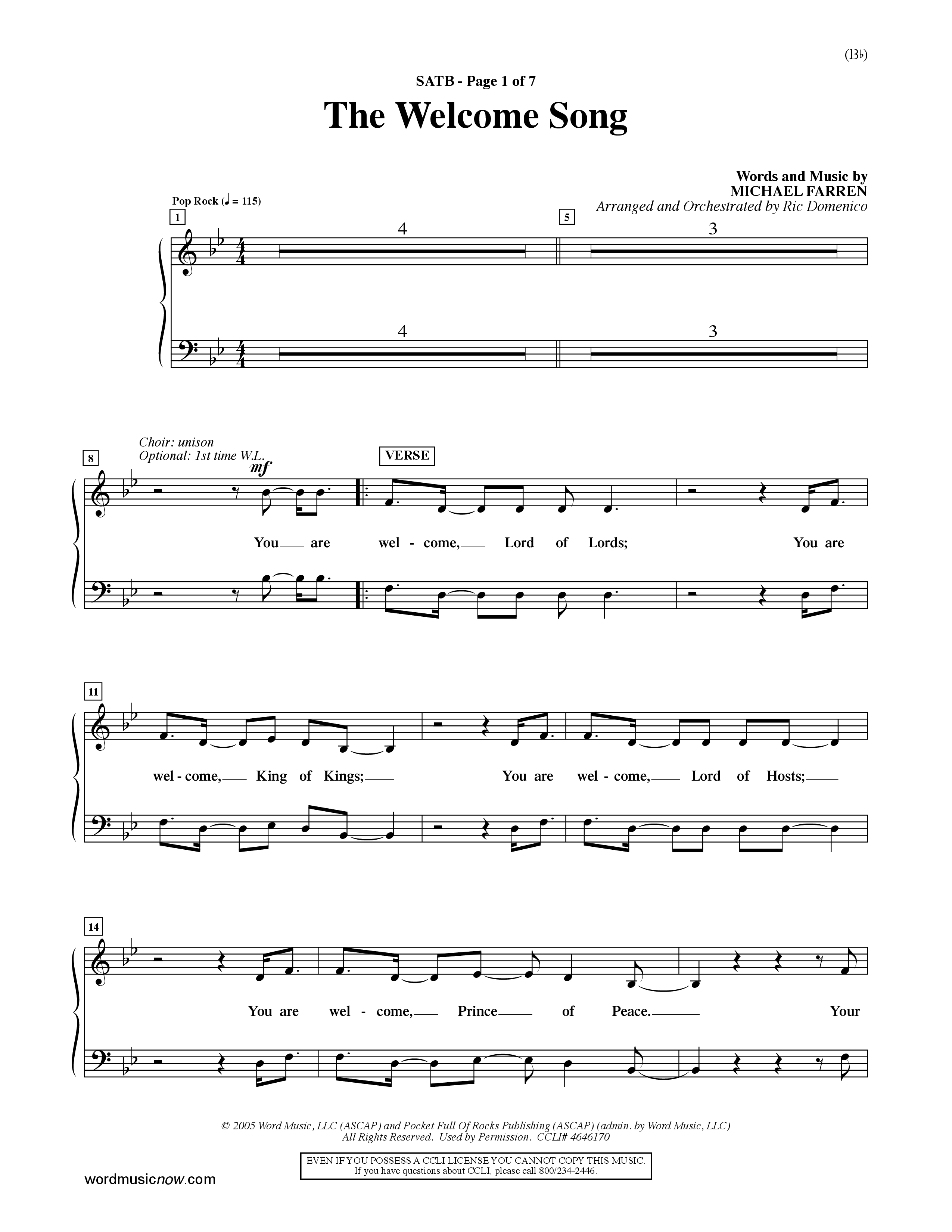 The Welcome Song (Choral Anthem SATB) Choir Sheet (SATB) (Word Music Choral / Orch. Ric Domenico)