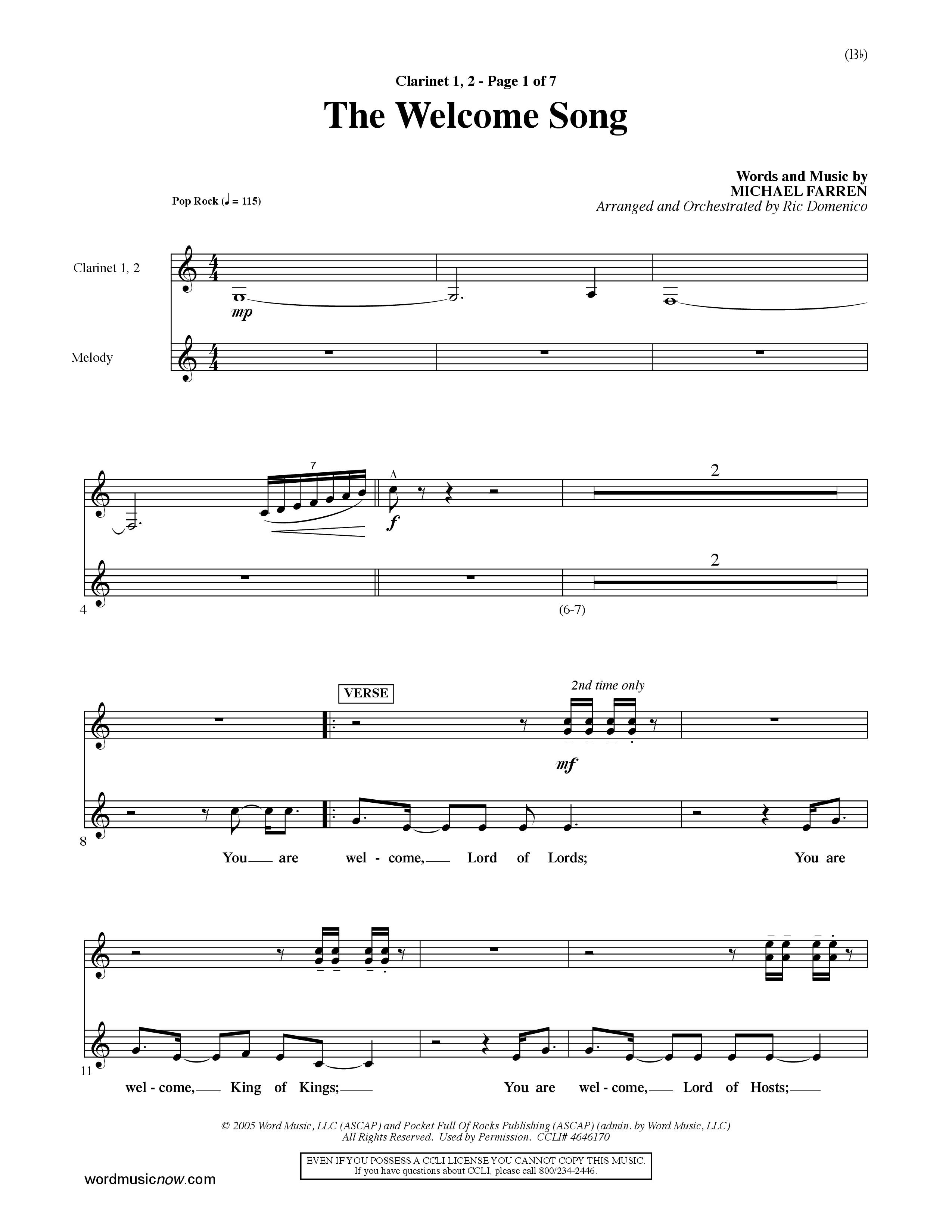 The Welcome Song (Choral Anthem SATB) Clarinet 1/2 (Word Music Choral / Orch. Ric Domenico)