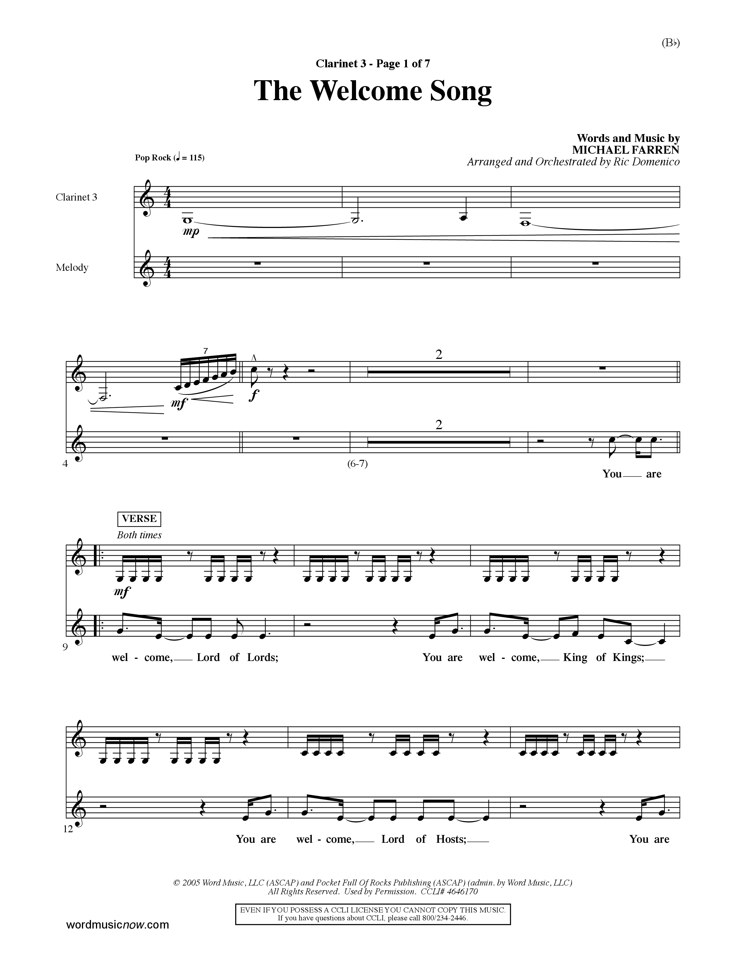 The Welcome Song (Choral Anthem SATB) Clarinet 3 (Word Music Choral / Orch. Ric Domenico)
