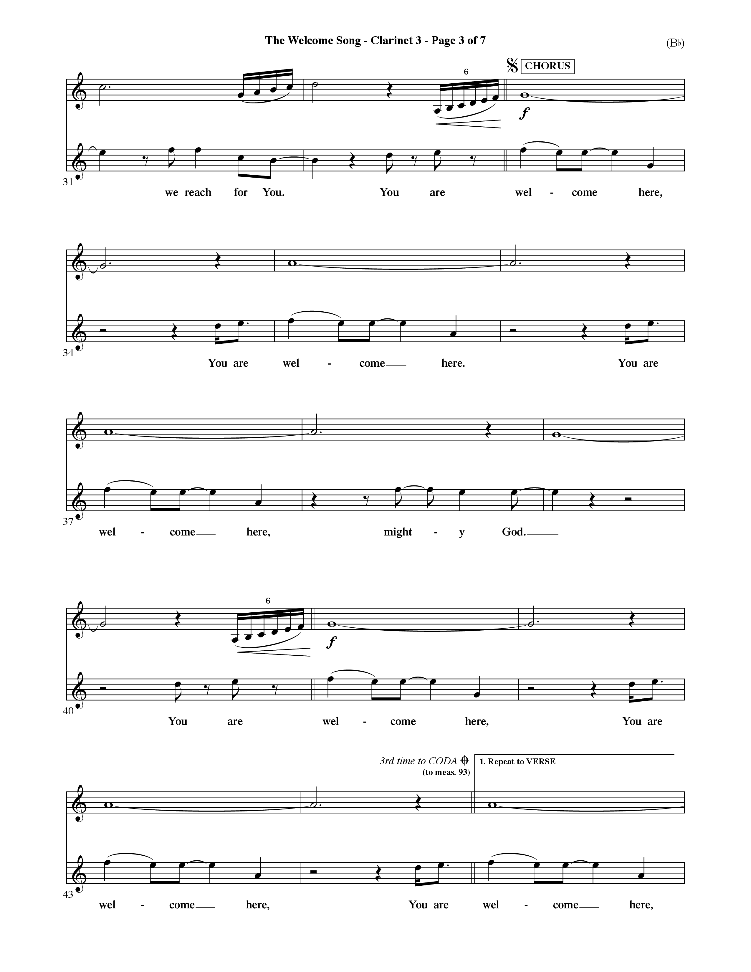 The Welcome Song (Choral Anthem SATB) Clarinet 3 (Word Music Choral / Orch. Ric Domenico)
