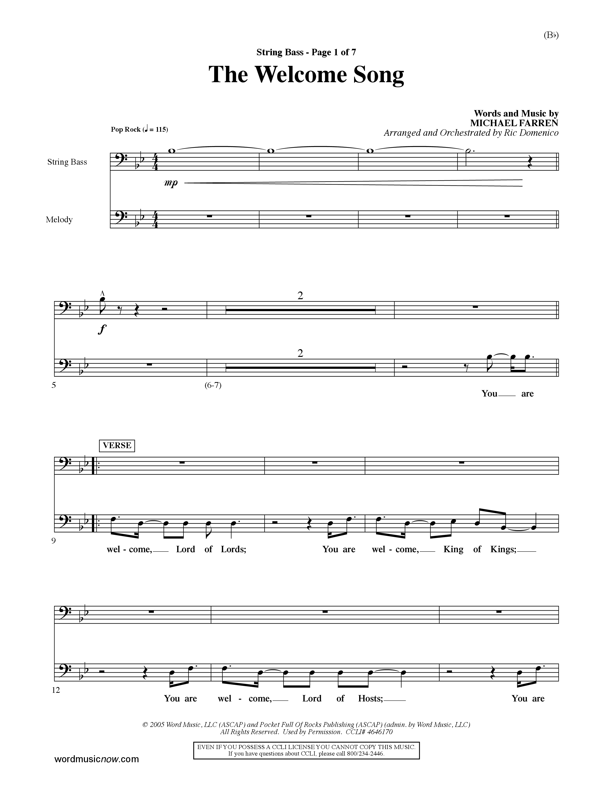 The Welcome Song (Choral Anthem SATB) Double Bass (Word Music Choral / Orch. Ric Domenico)