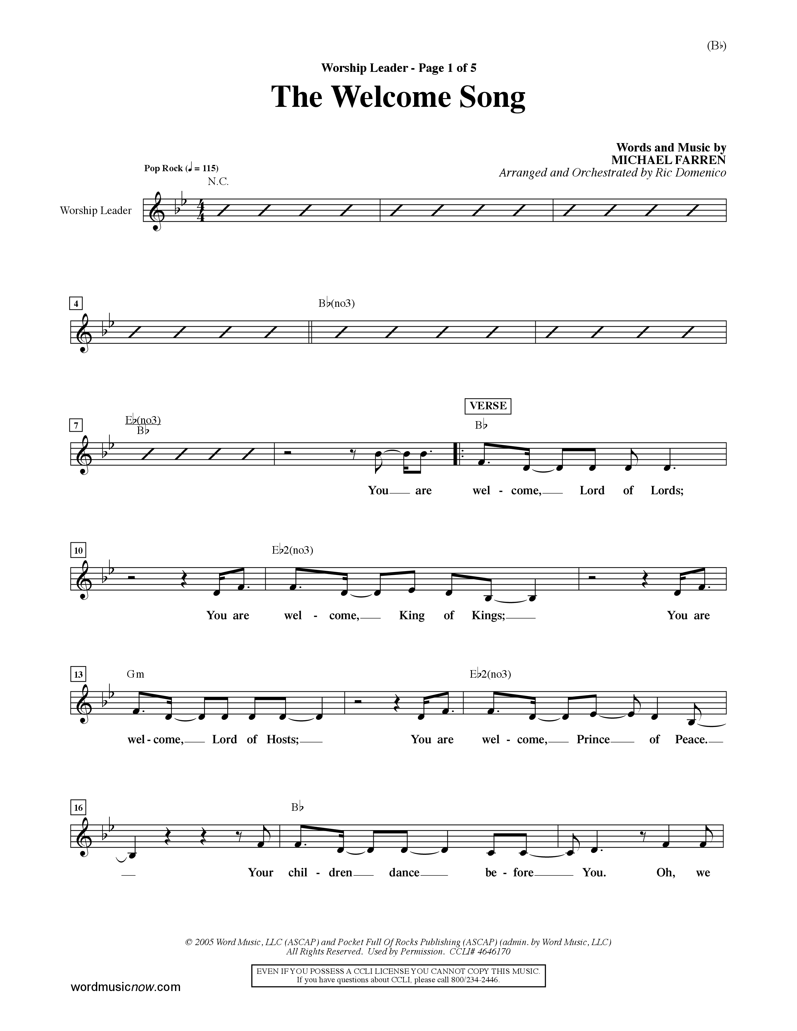 The Welcome Song (Choral Anthem SATB) Lead Sheet (Mel) (Word Music Choral / Orch. Ric Domenico)