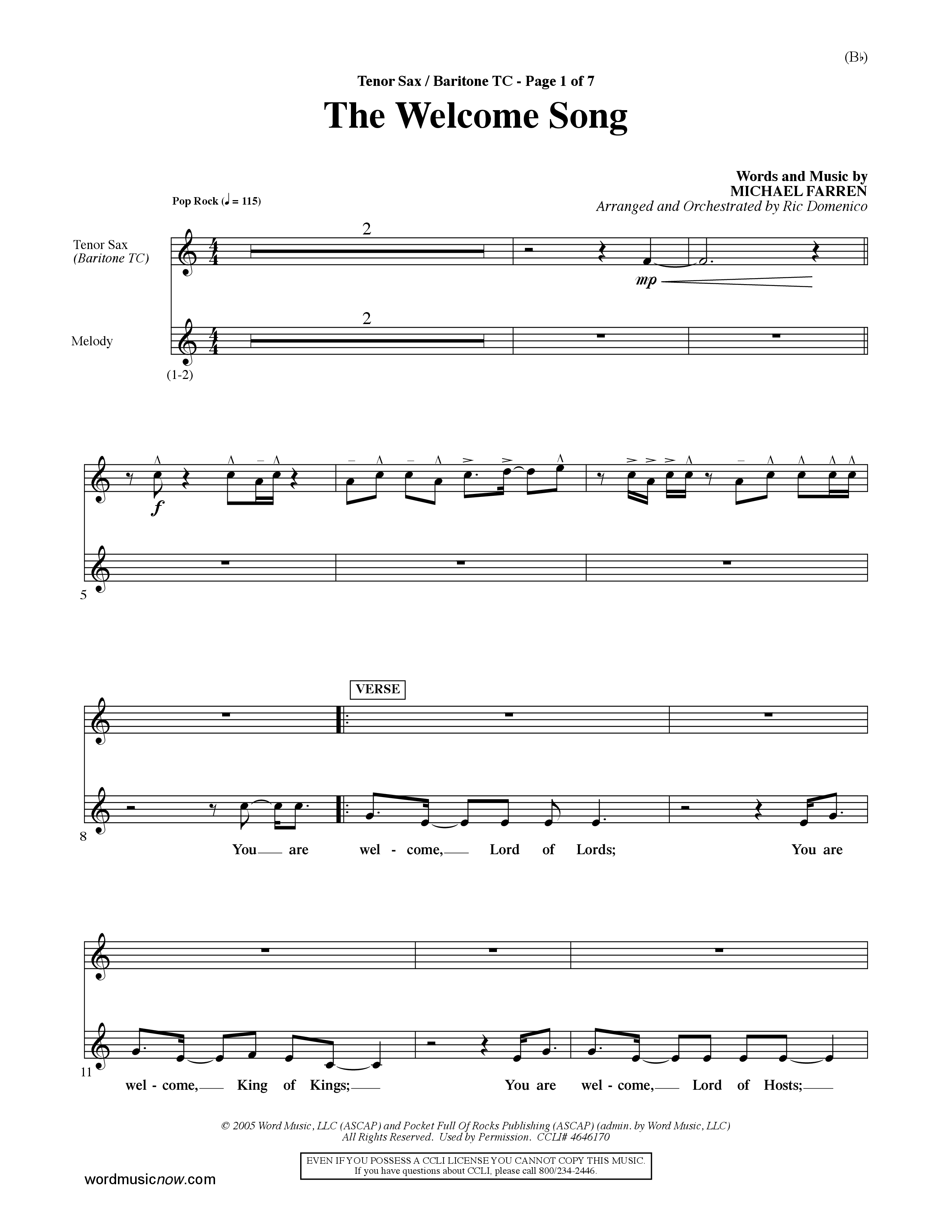 The Welcome Song (Choral Anthem SATB) Tenor Sax/Baritone T.C. (Word Music Choral / Orch. Ric Domenico)