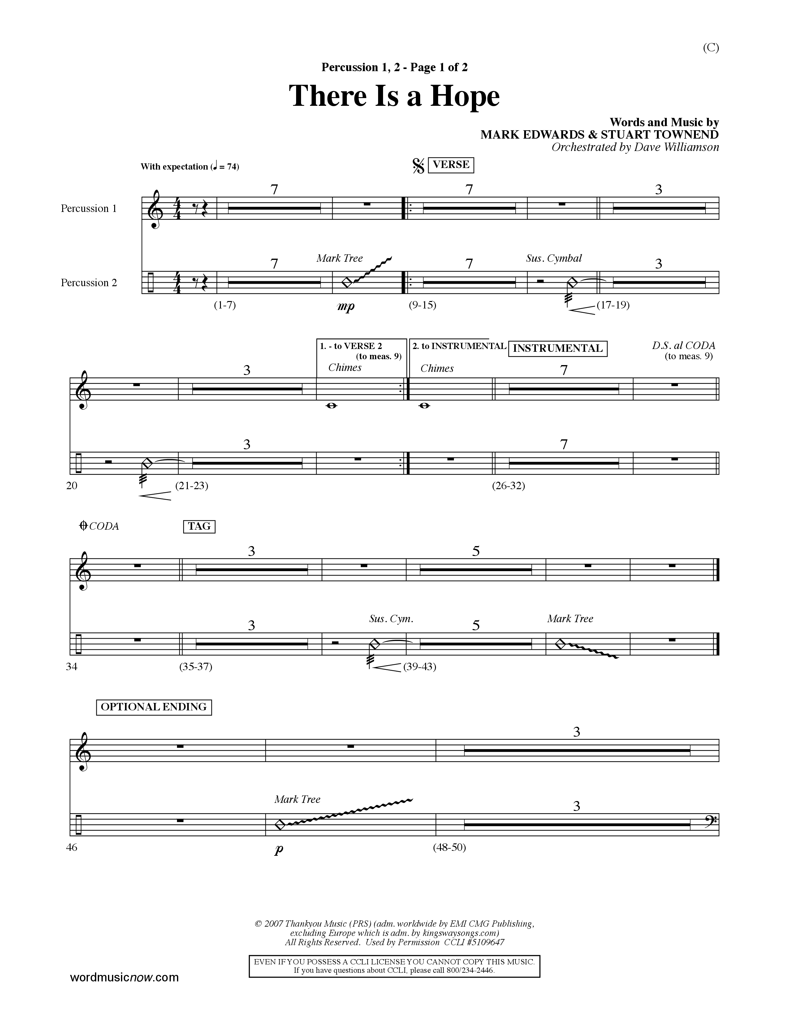There Is A Hope (Choral Anthem SATB) Percussion 1/2 (Word Music Choral / Orch. Dave Williamson)
