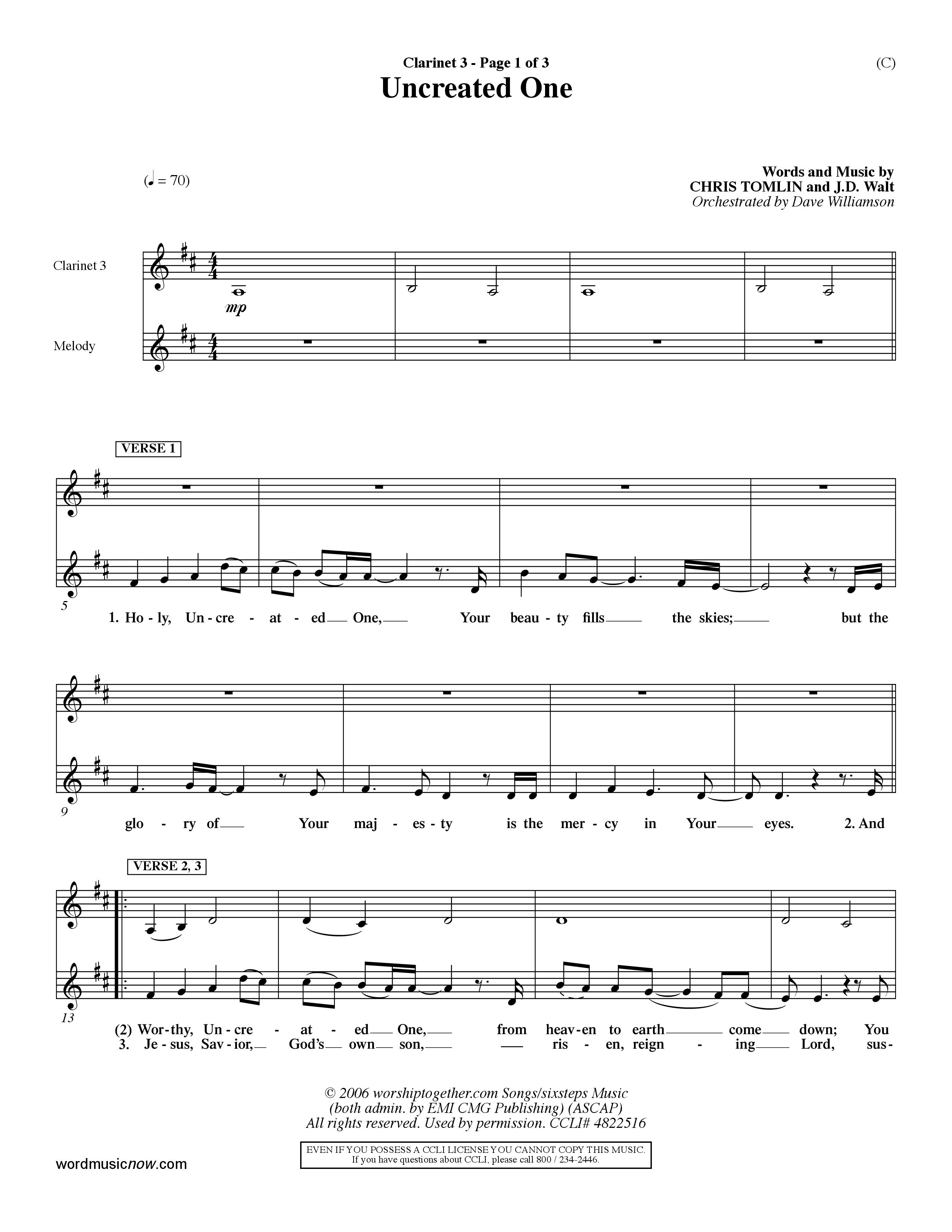 Uncreated One (Choral Anthem SATB) Clarinet 3 (Word Music Choral / Orch. Dave Williamson)