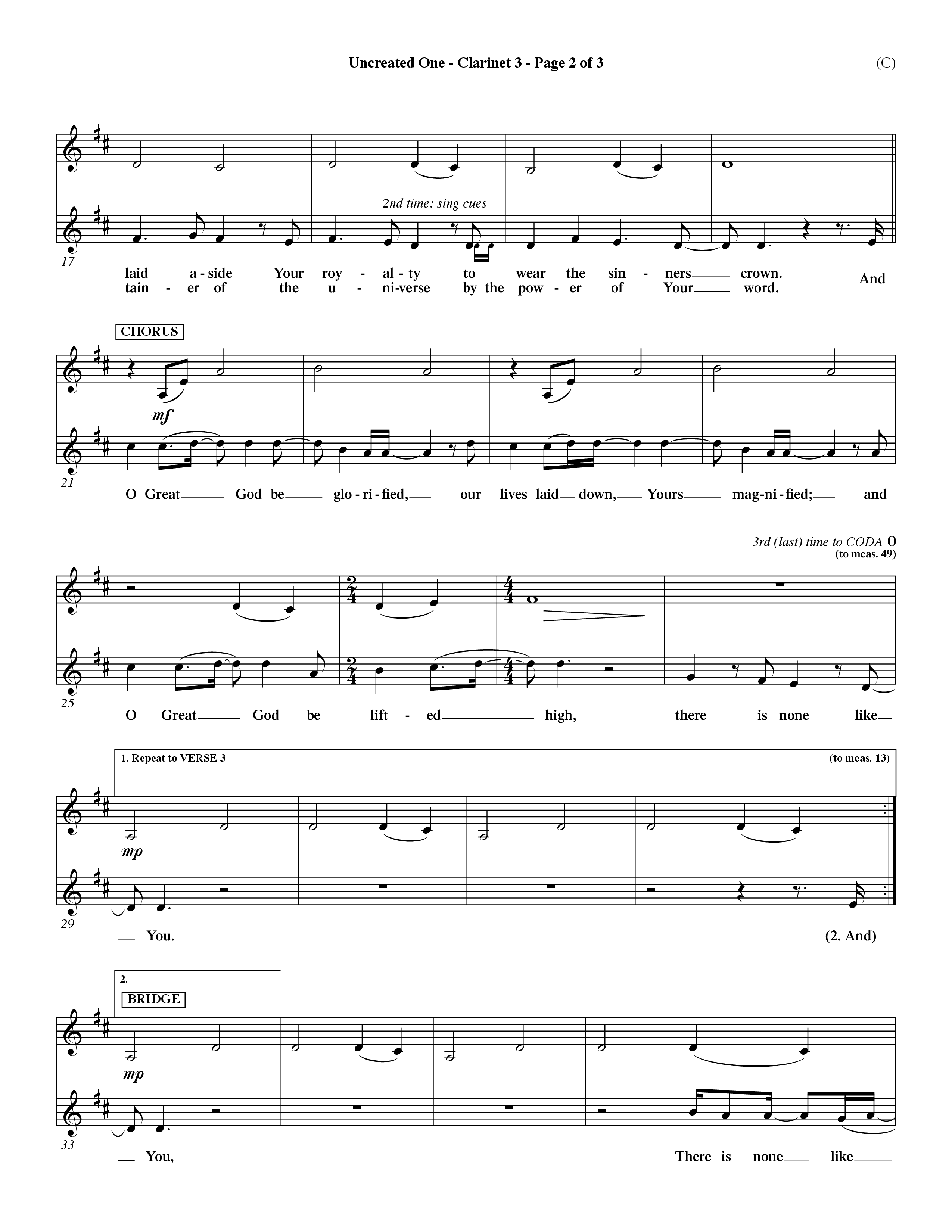Uncreated One (Choral Anthem SATB) Clarinet 3 (Word Music Choral / Orch. Dave Williamson)