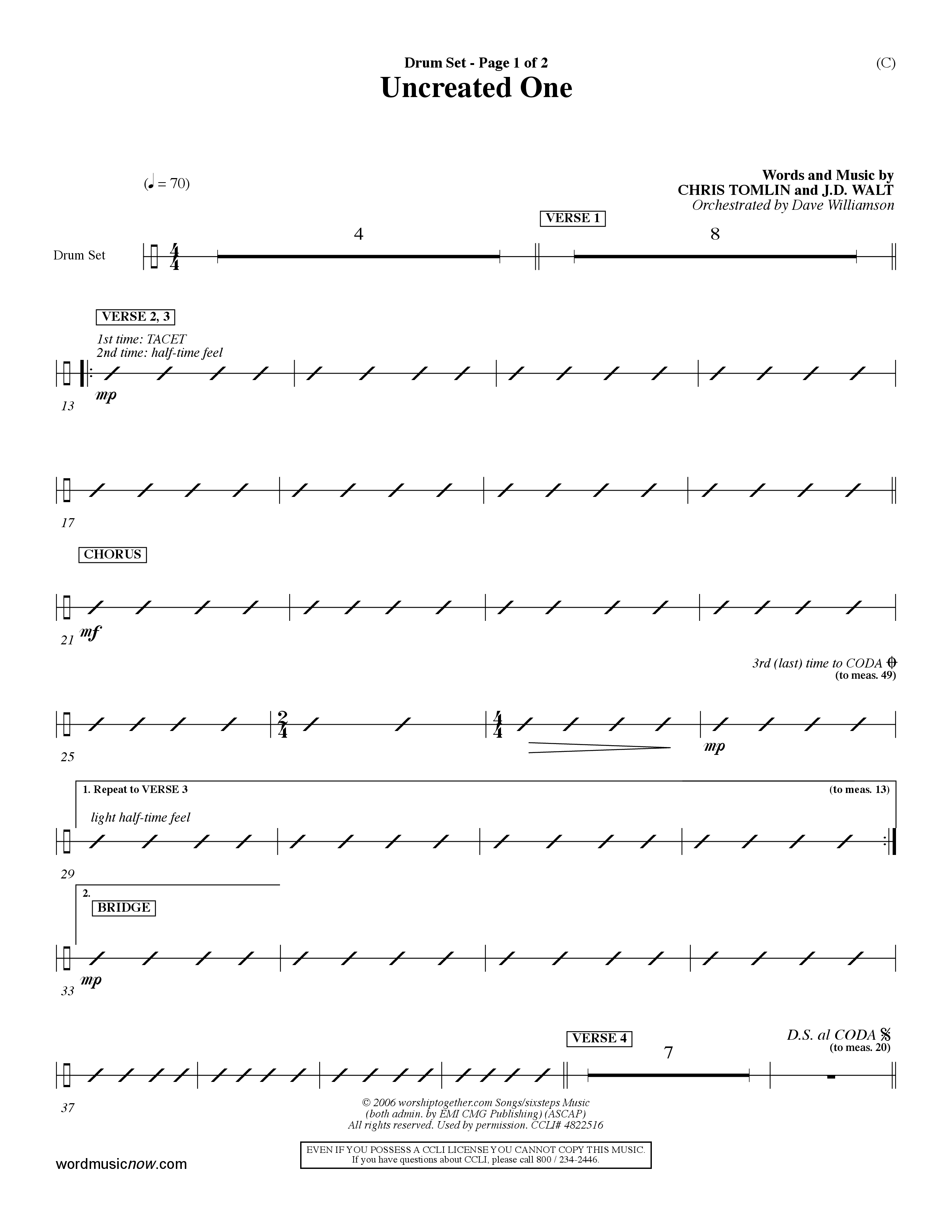 Uncreated One (Choral Anthem SATB) Drum Set (Word Music Choral / Orch. Dave Williamson)