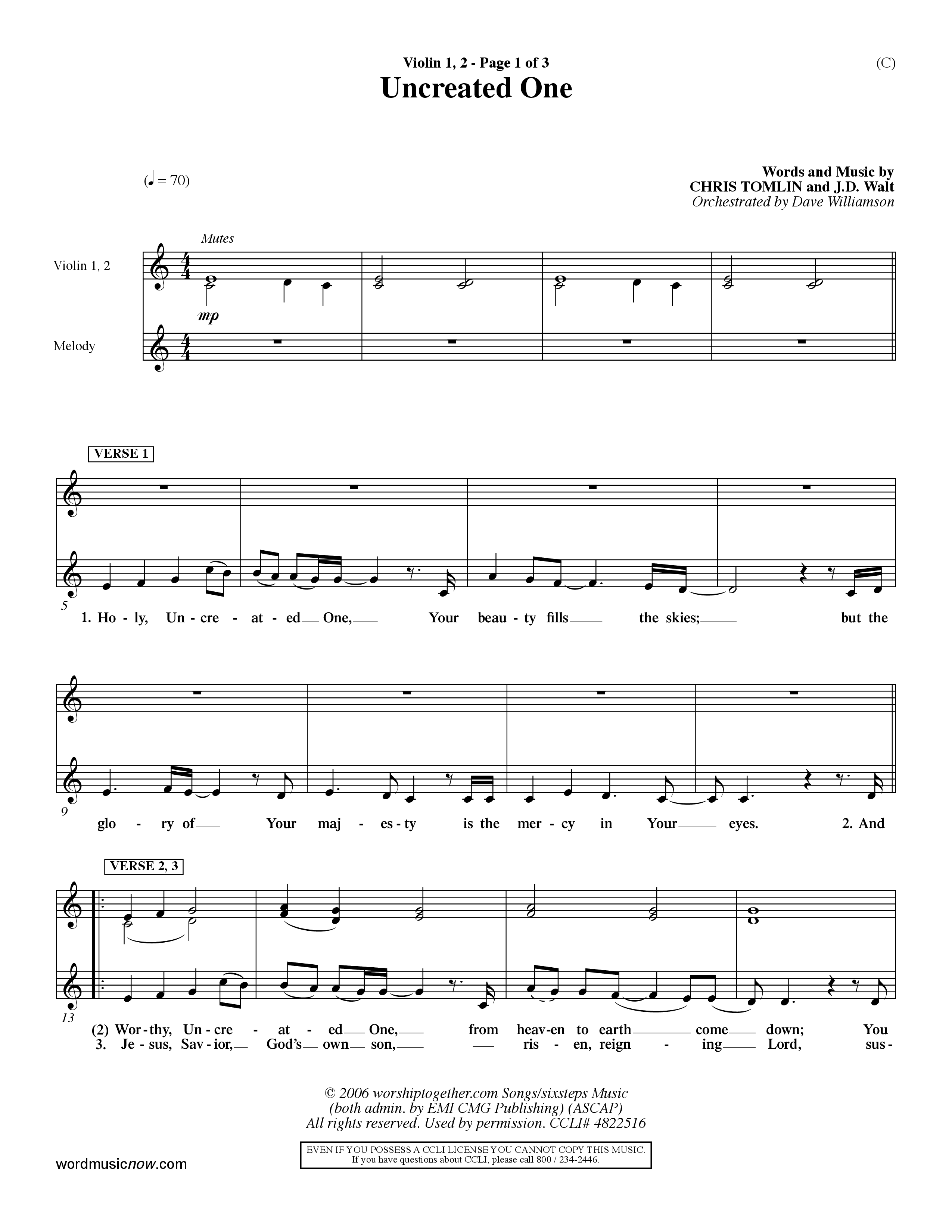 Uncreated One (Choral Anthem SATB) Violin 1/2 (Word Music Choral / Orch. Dave Williamson)