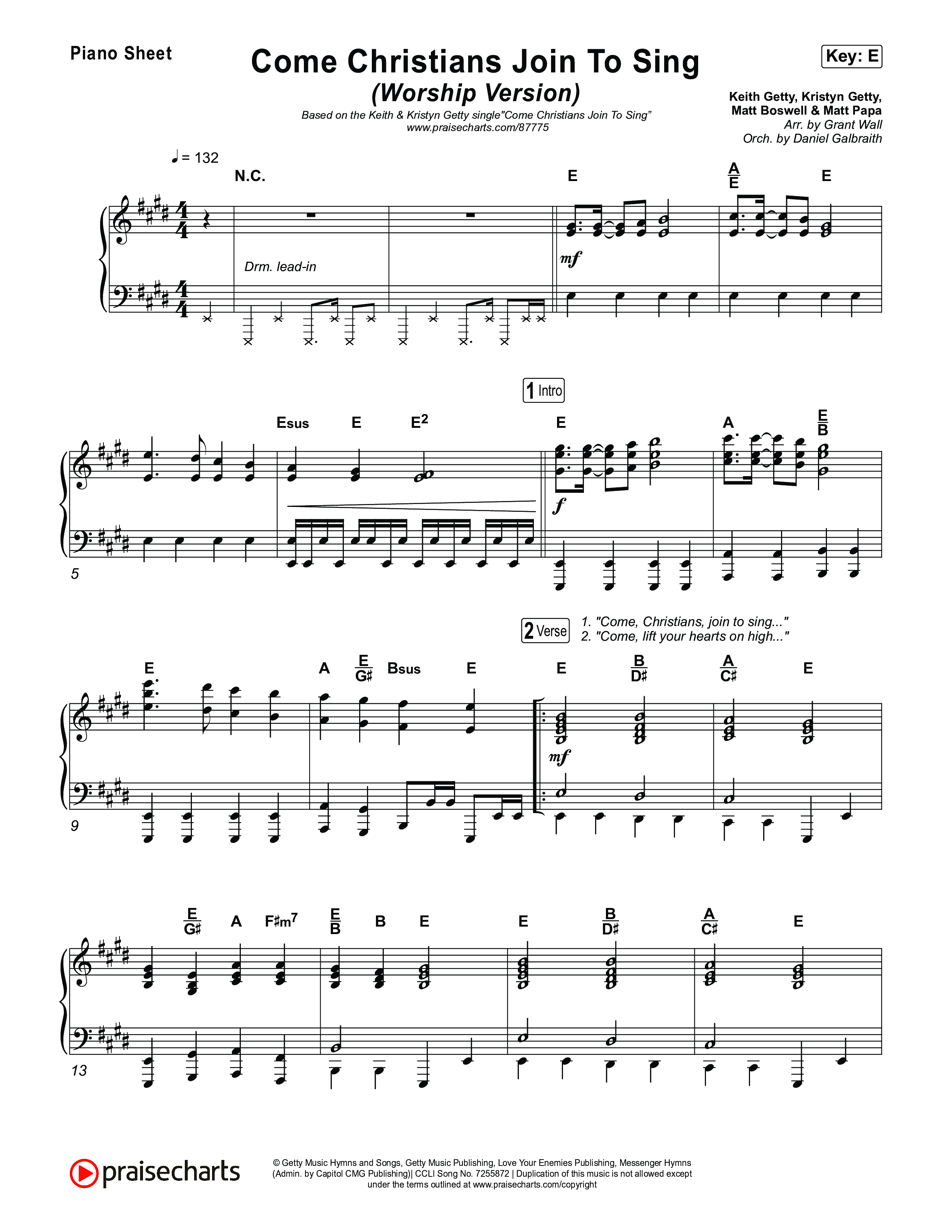 Come Christians Join To Sing (Worship Version) Piano Sheet (Keith & Kristyn Getty / Matt Papa / Matt Boswell / Sing!)