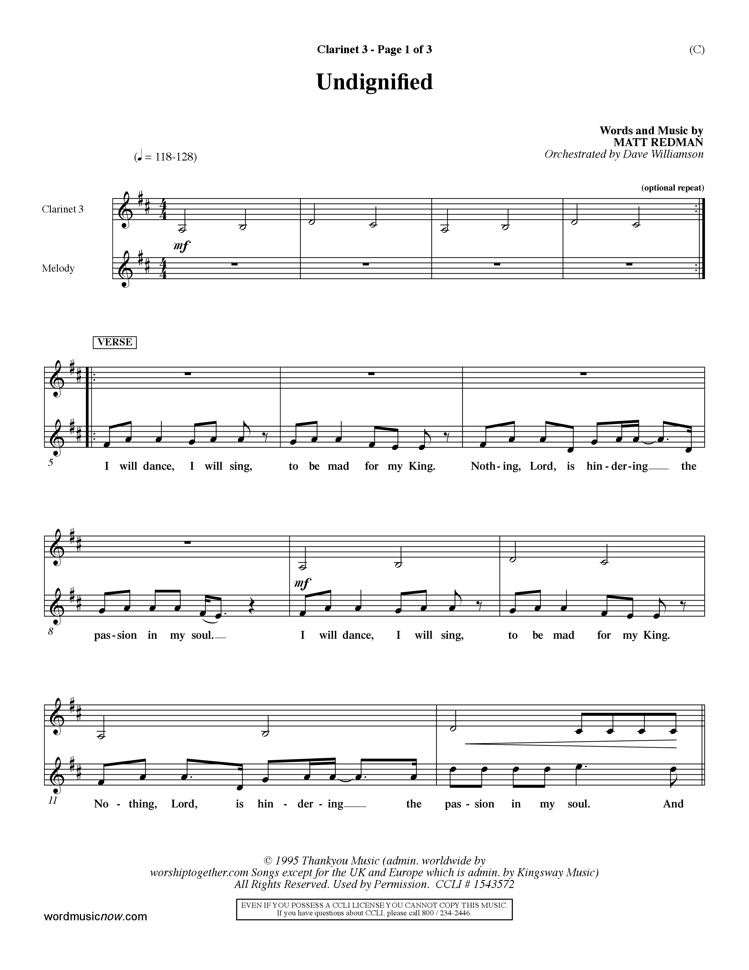Undignified (Choral Anthem SATB) Clarinet 3 (Word Music Choral / Orch. Dave Williamson)