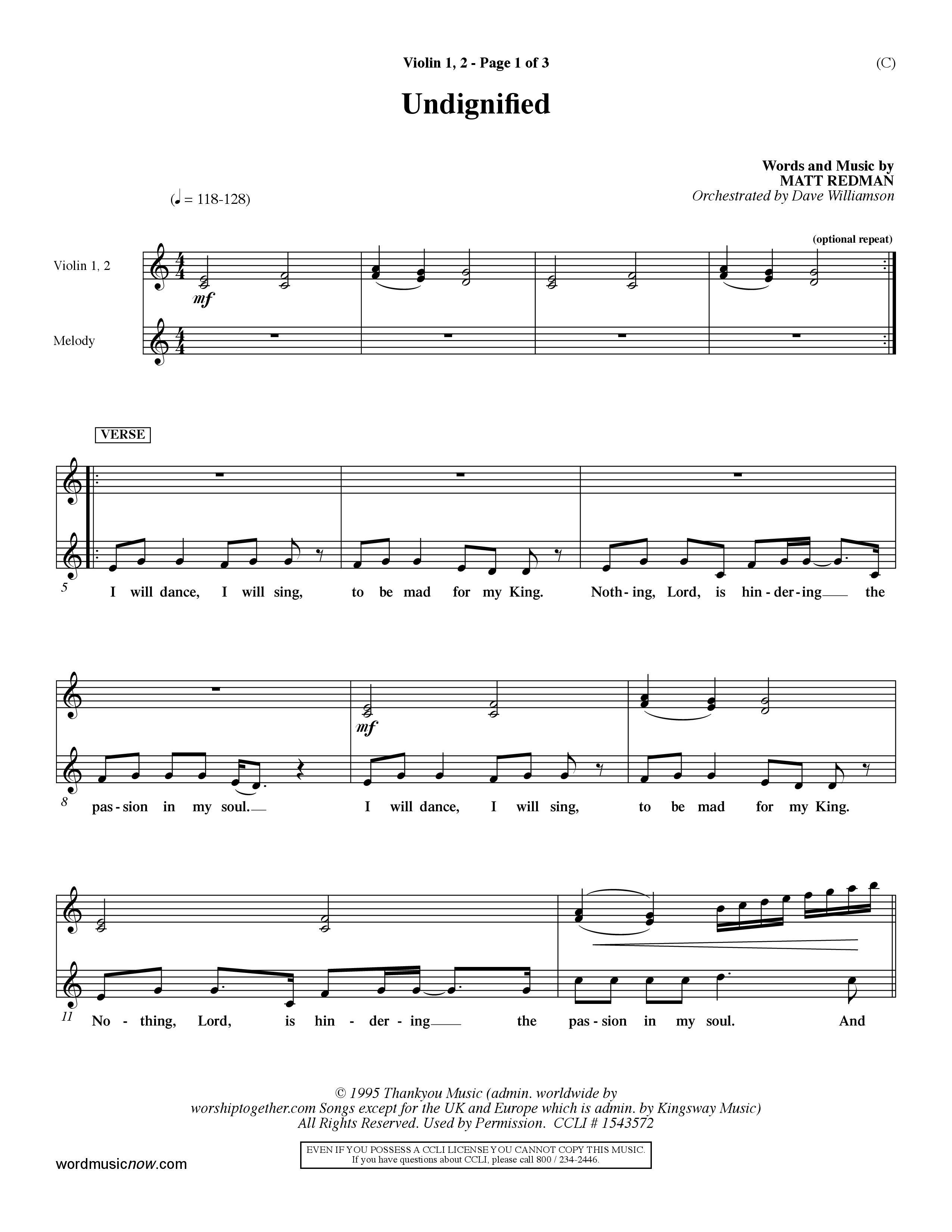 Undignified (Choral Anthem SATB) Violin 1/2 (Word Music Choral / Orch. Dave Williamson)