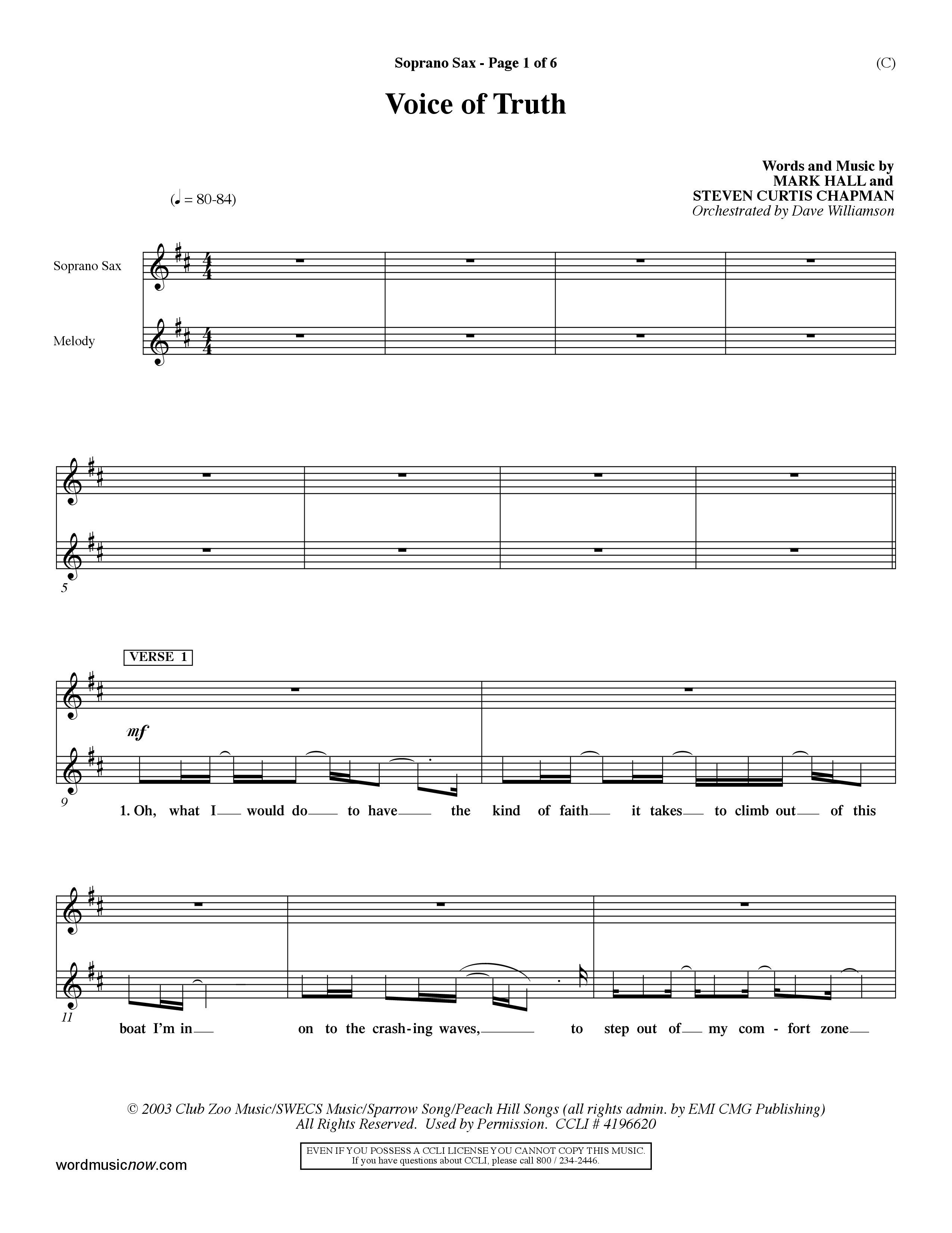 Voice of Truth (Choral Anthem SATB) Saxophone (Word Music Choral / Orch. Dave Williamson)