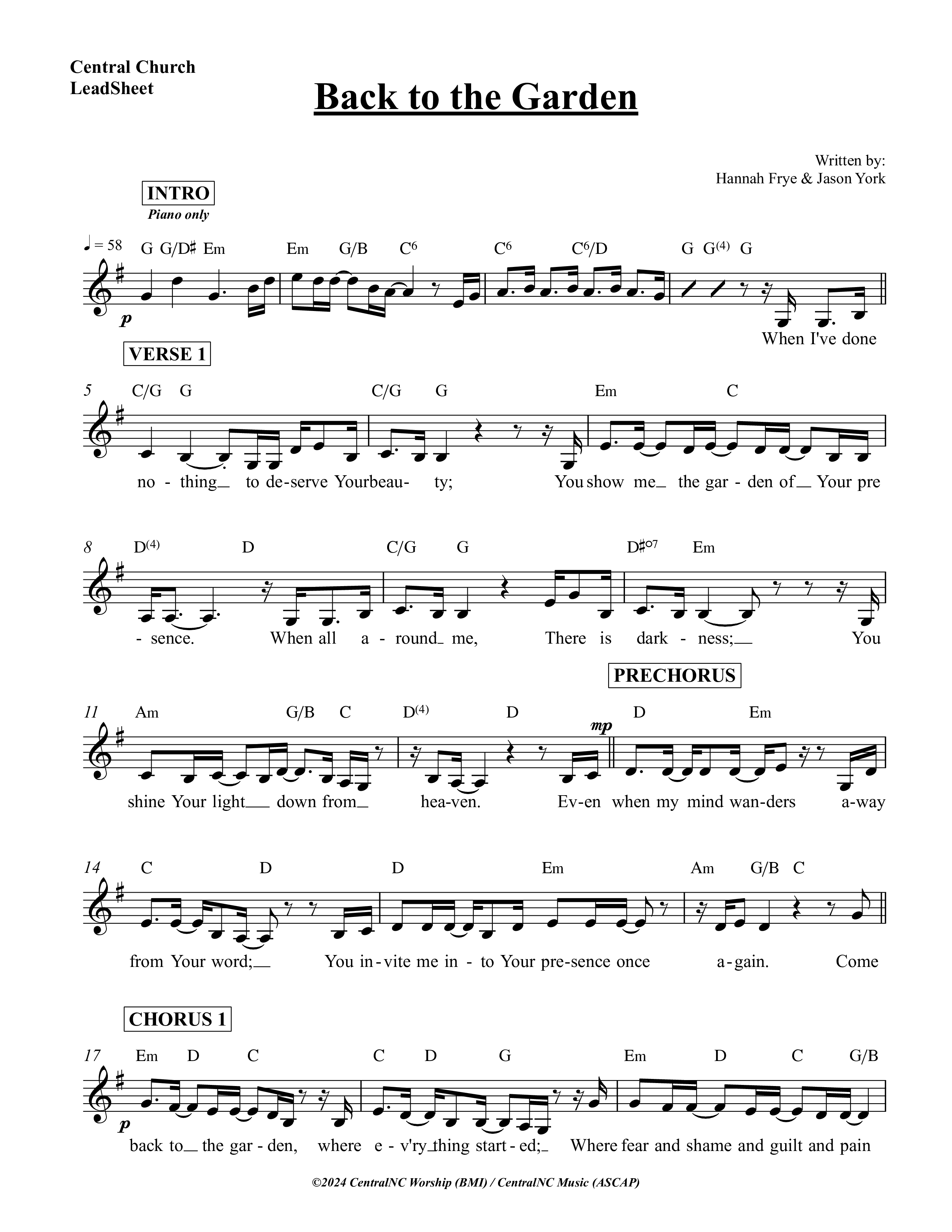 Back To The Garden Lead Sheet (SAT) (Central Collective / Hannah Frye / Nashville String Machine)