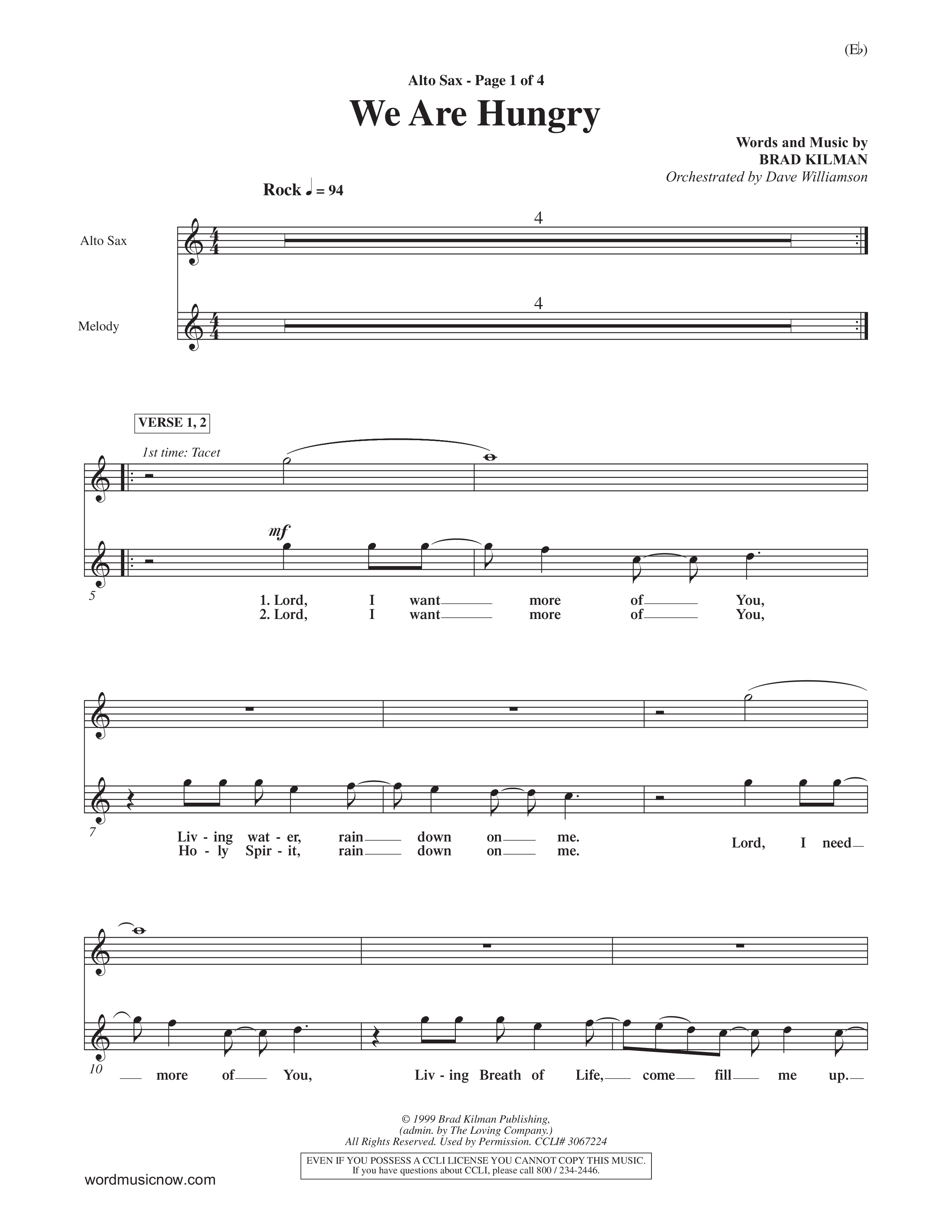 We Are Hungry (Choral Anthem SATB) Alto Sax (Word Music Choral / Orch. Dave Williamson)