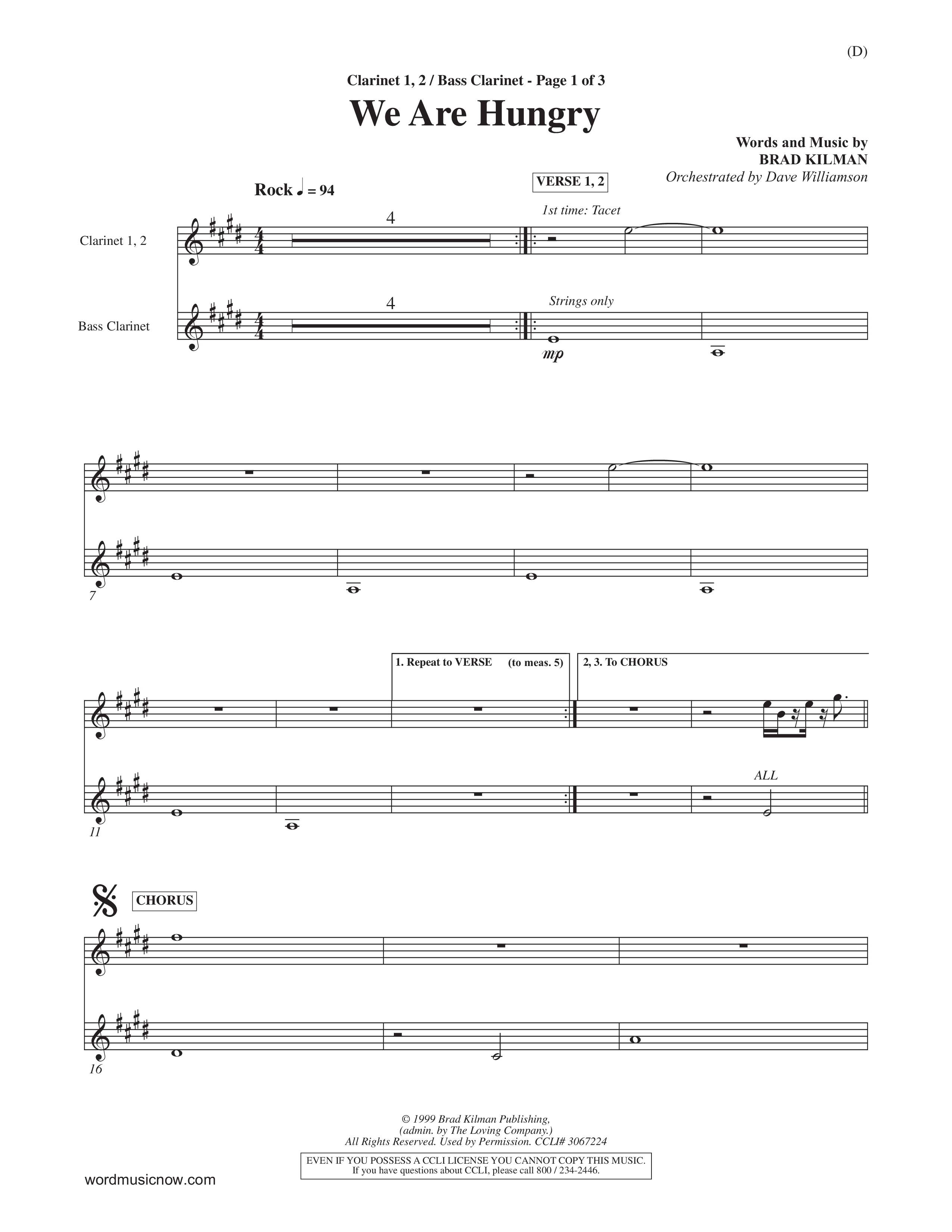 We Are Hungry (Choral Anthem SATB) Clarinet 1/2, Bass Clarinet (Word Music Choral / Orch. Dave Williamson)