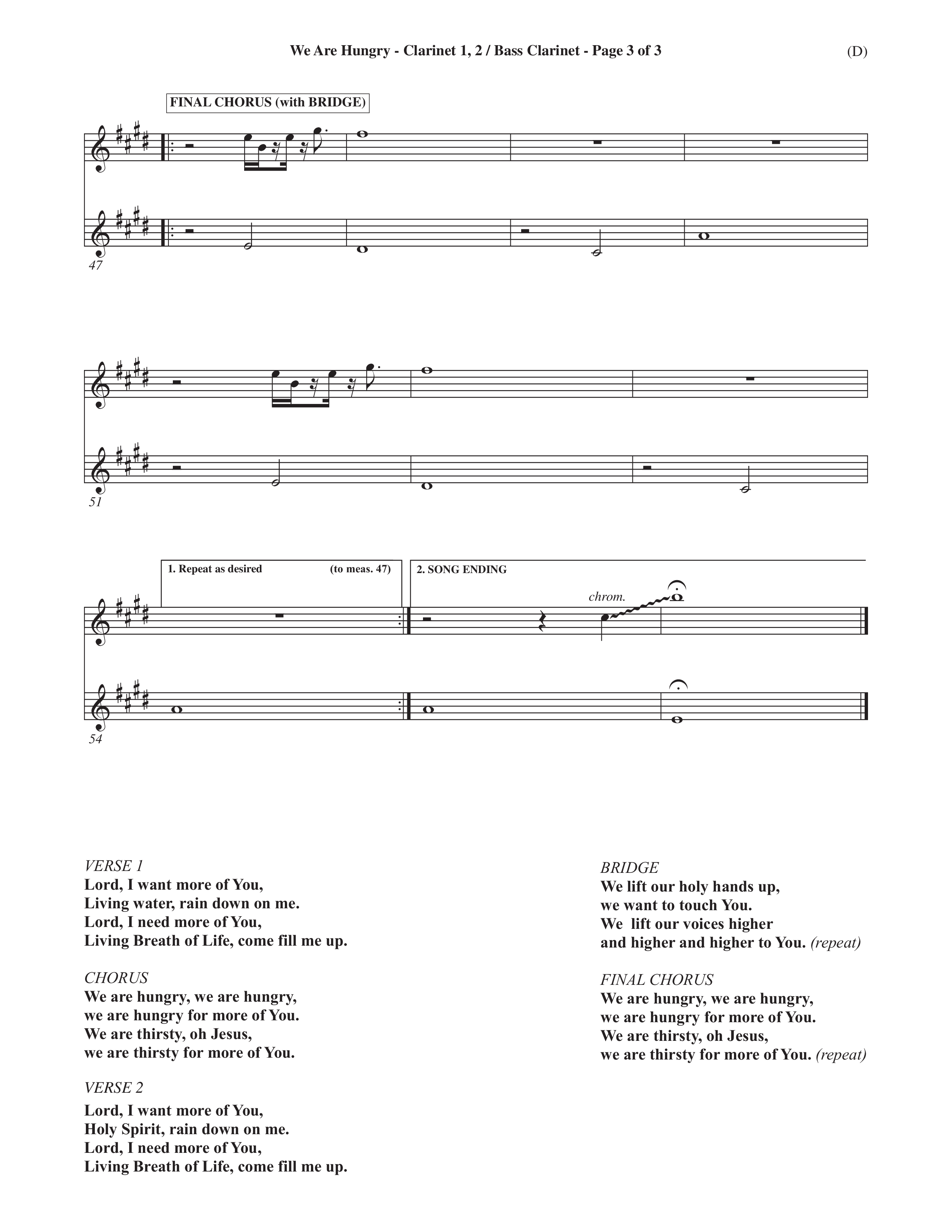We Are Hungry (Choral Anthem SATB) Clarinet 1/2, Bass Clarinet (Word Music Choral / Orch. Dave Williamson)