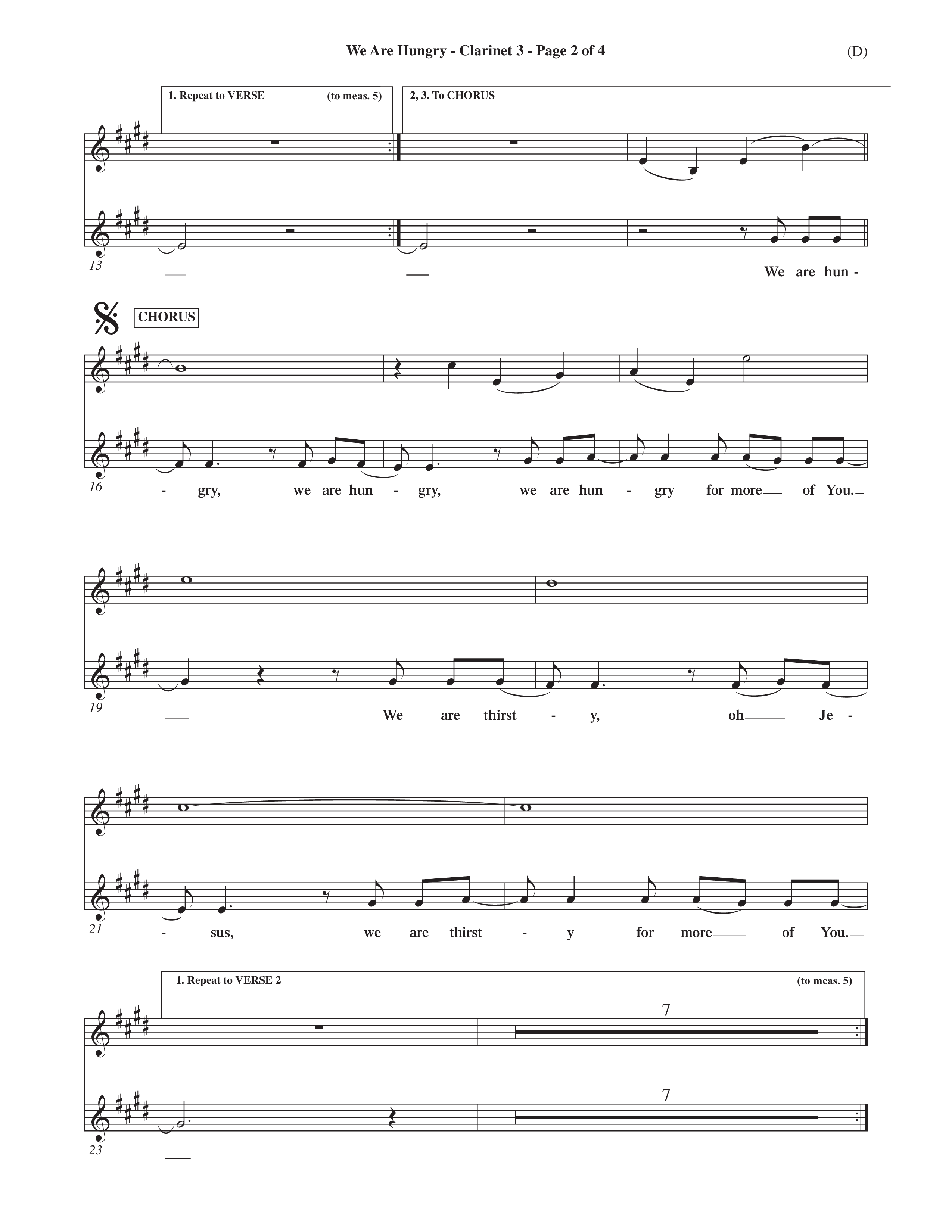 We Are Hungry (Choral Anthem SATB) Clarinet 3 (Word Music Choral / Orch. Dave Williamson)