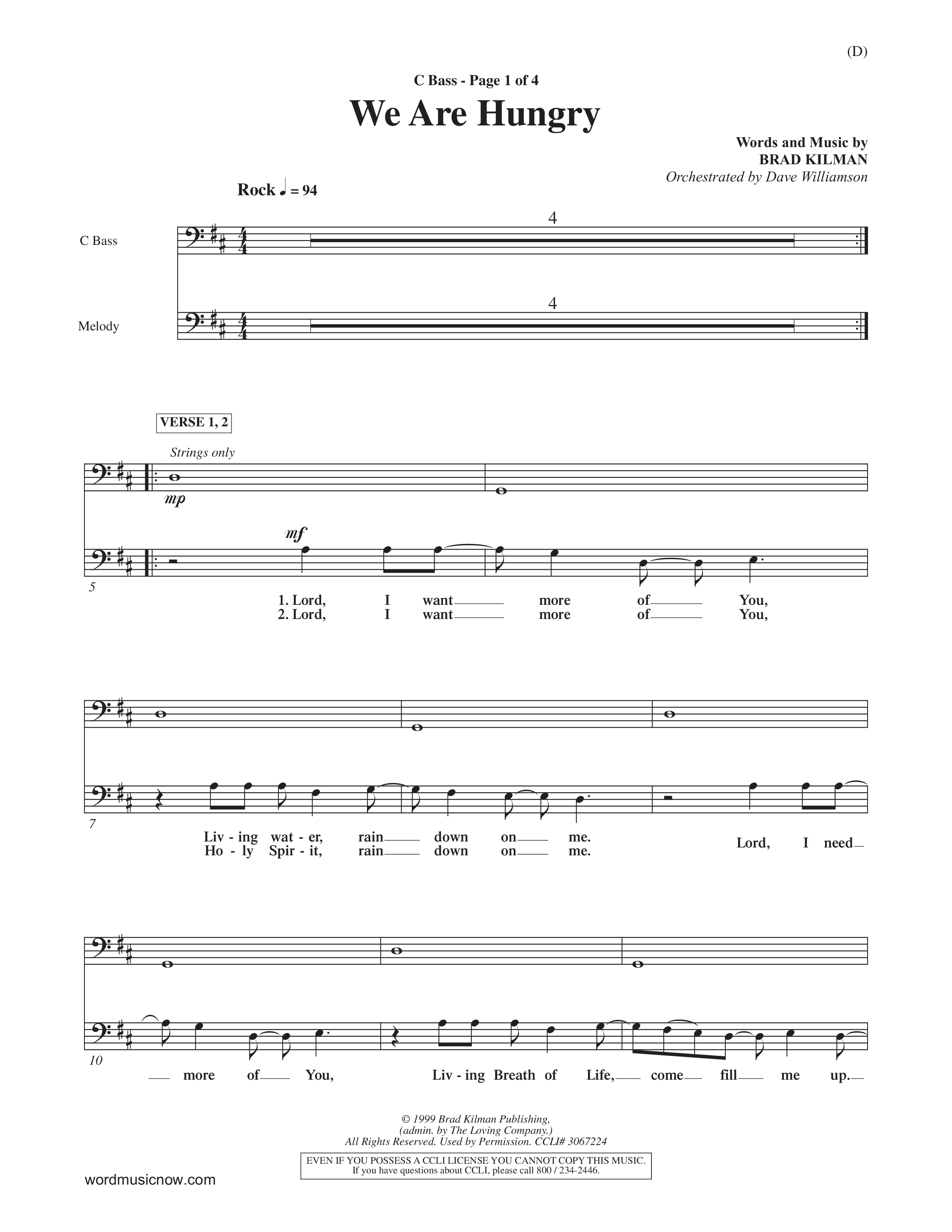 We Are Hungry (Choral Anthem SATB) Contrabass (Word Music Choral / Orch. Dave Williamson)