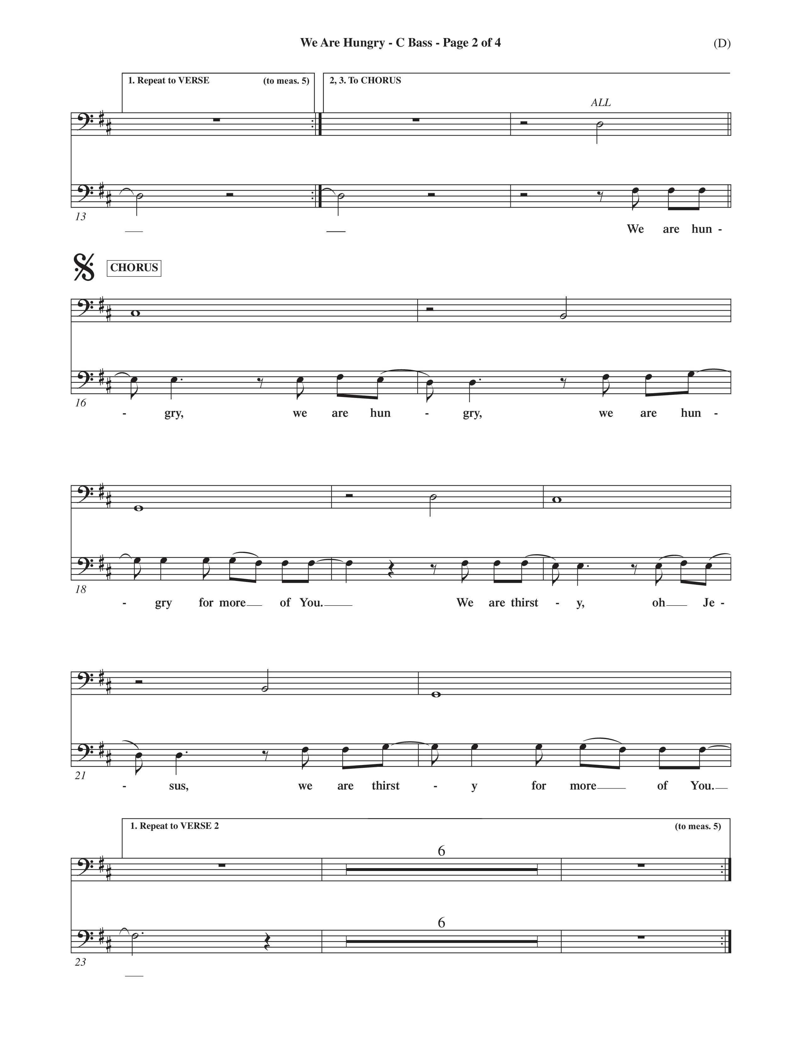 We Are Hungry (Choral Anthem SATB) Contrabass (Word Music Choral / Orch. Dave Williamson)