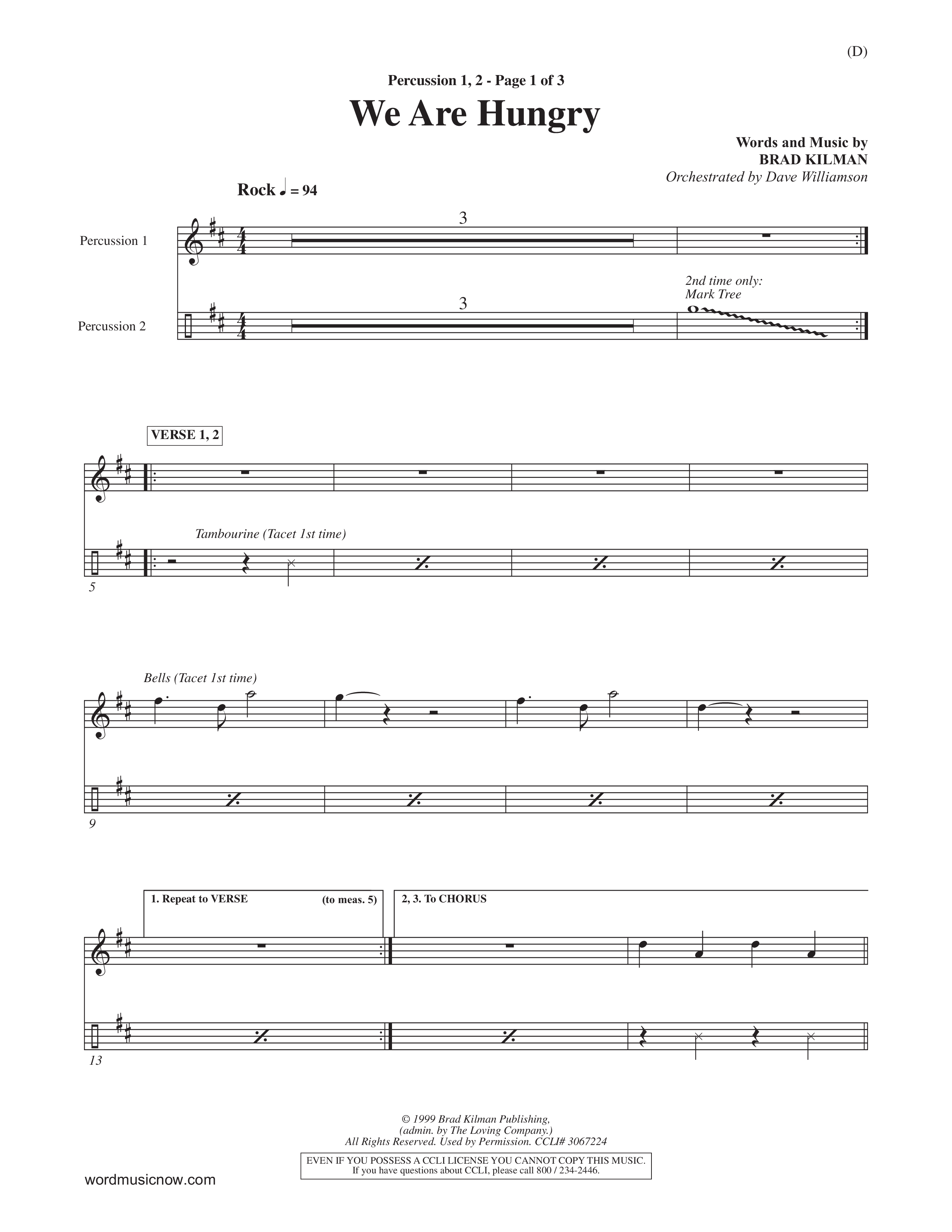 We Are Hungry (Choral Anthem SATB) Percussion 1/2 (Word Music Choral / Orch. Dave Williamson)