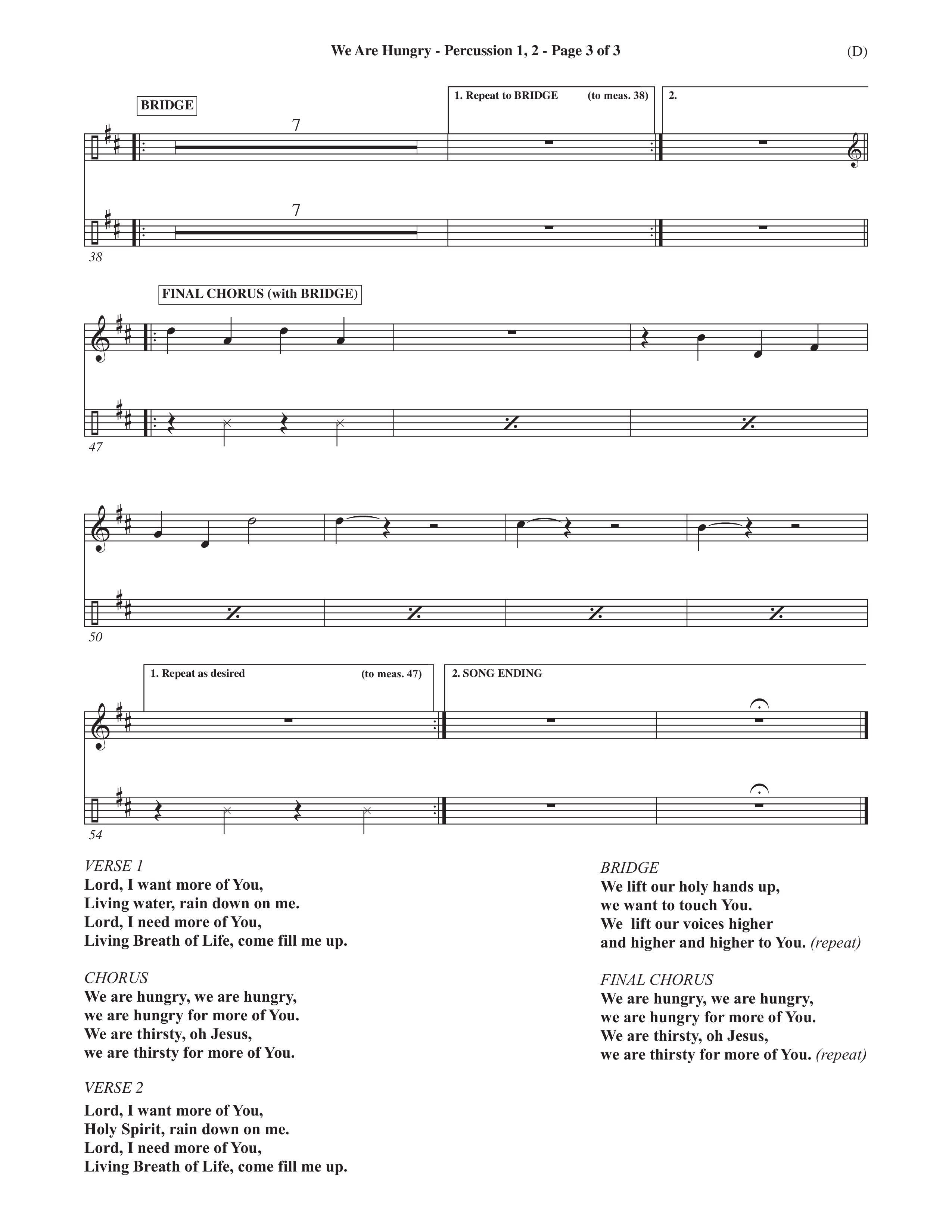 We Are Hungry (Choral Anthem SATB) Percussion 1/2 (Word Music Choral / Orch. Dave Williamson)