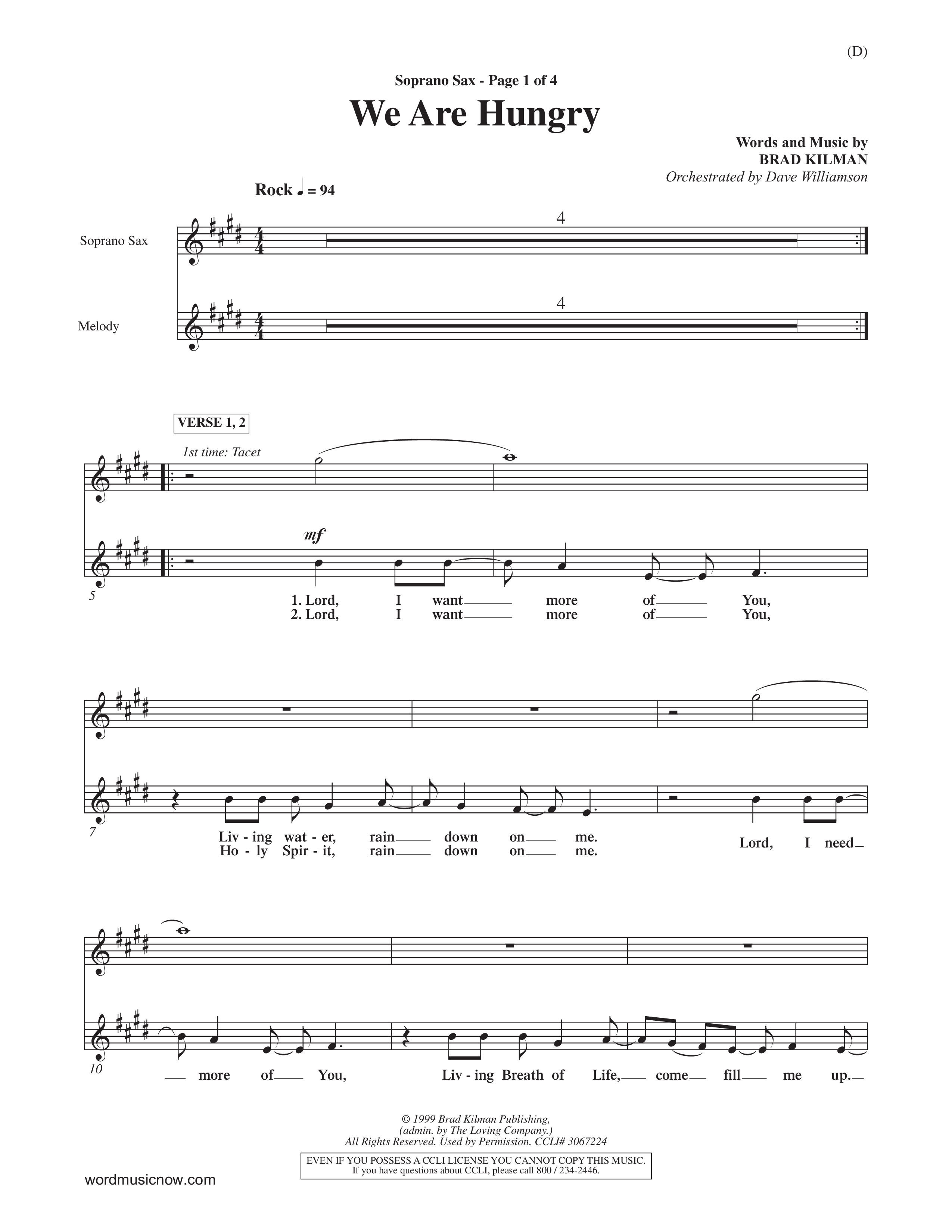 We Are Hungry (Choral Anthem SATB) Saxophone (Word Music Choral / Orch. Dave Williamson)