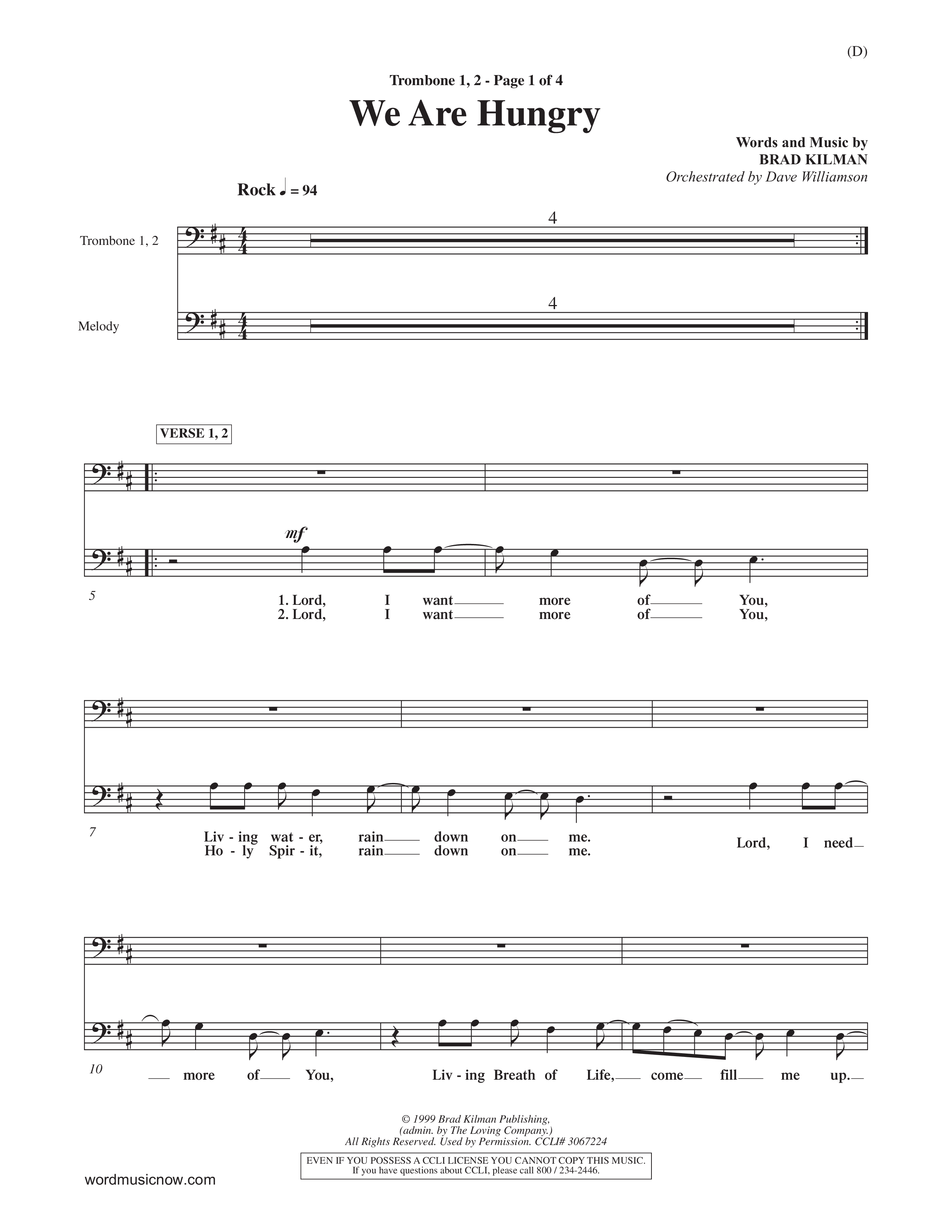 We Are Hungry (Choral Anthem SATB) Trombone 1/2 (Word Music Choral / Orch. Dave Williamson)