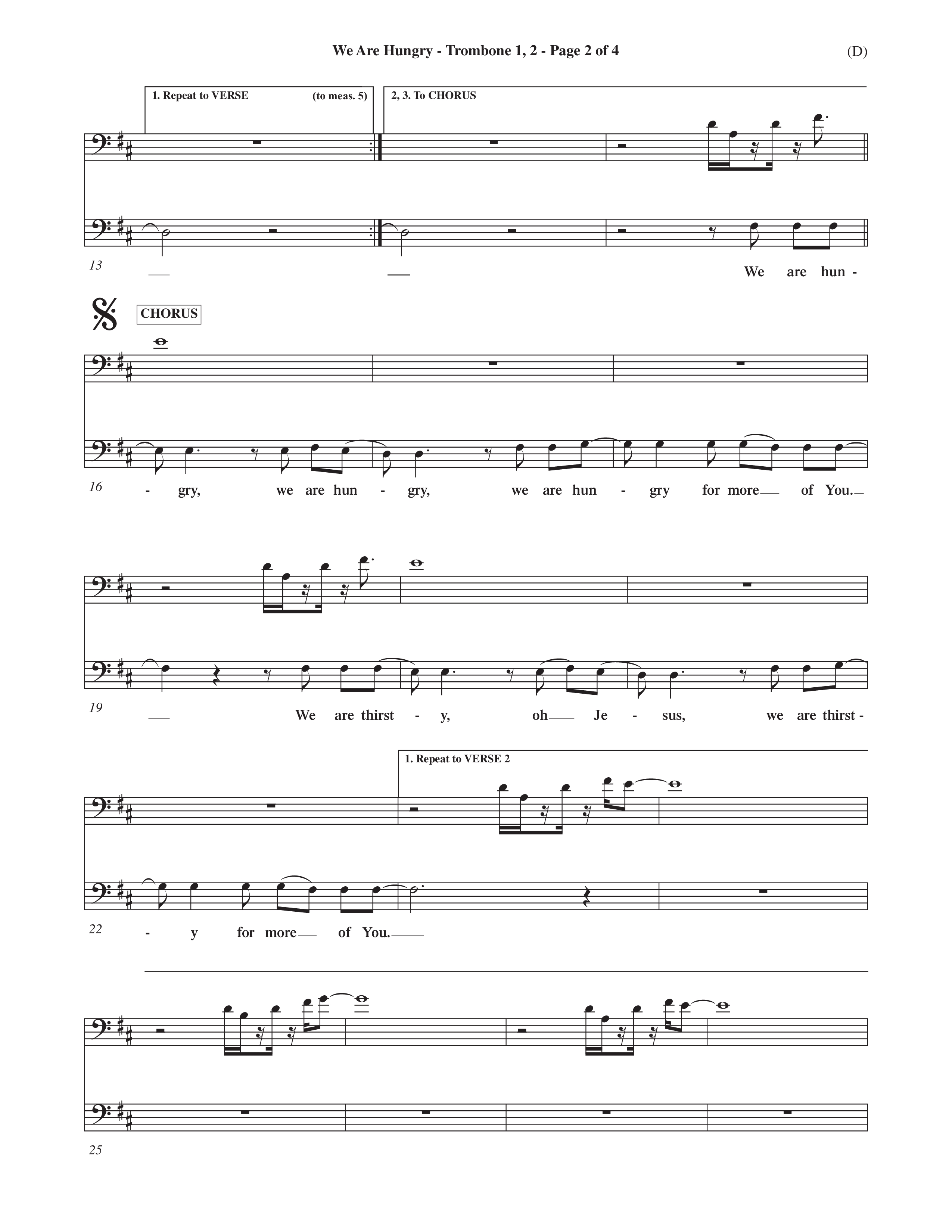 We Are Hungry (Choral Anthem SATB) Trombone 1/2 (Word Music Choral / Orch. Dave Williamson)
