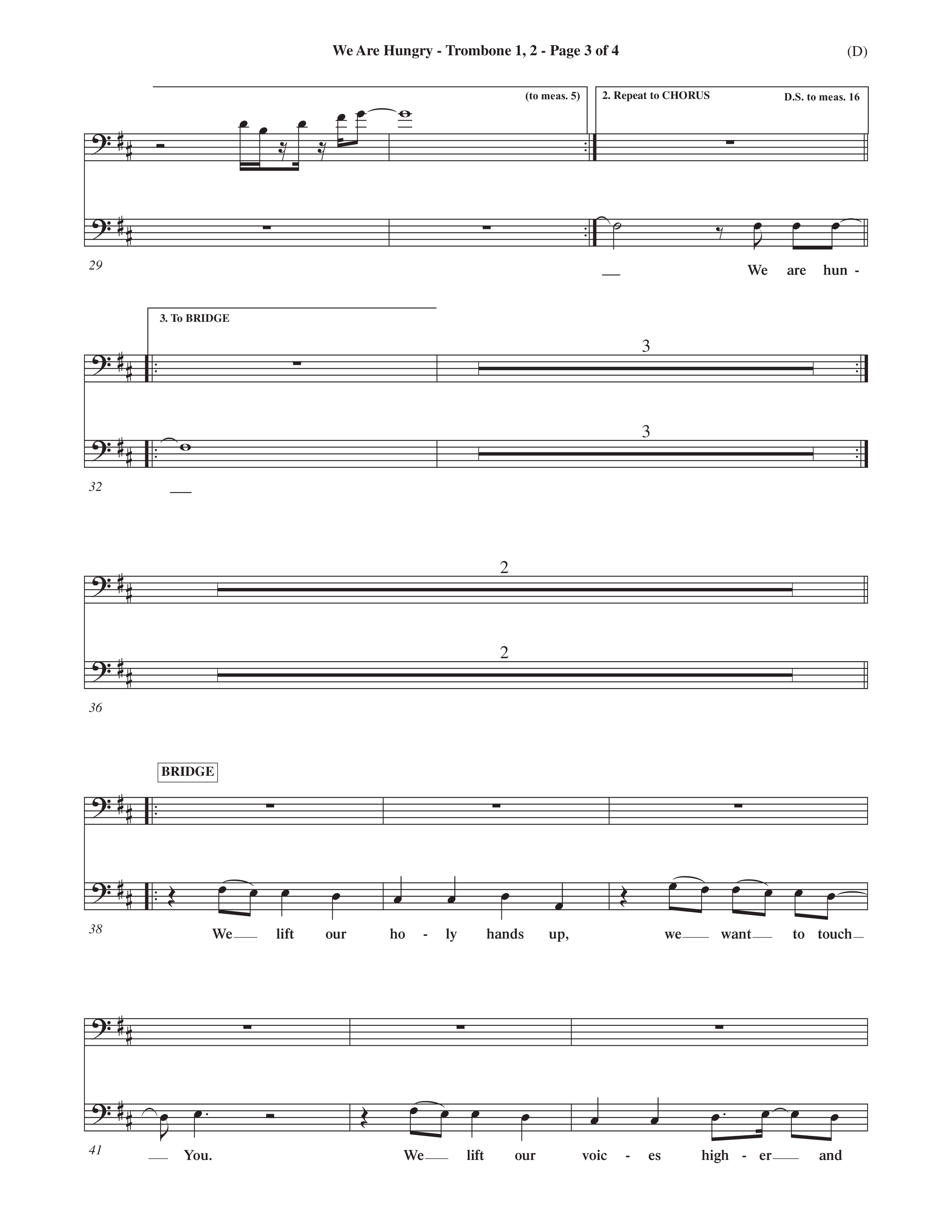 We Are Hungry (Choral Anthem SATB) Trombone 1/2 (Word Music Choral / Orch. Dave Williamson)