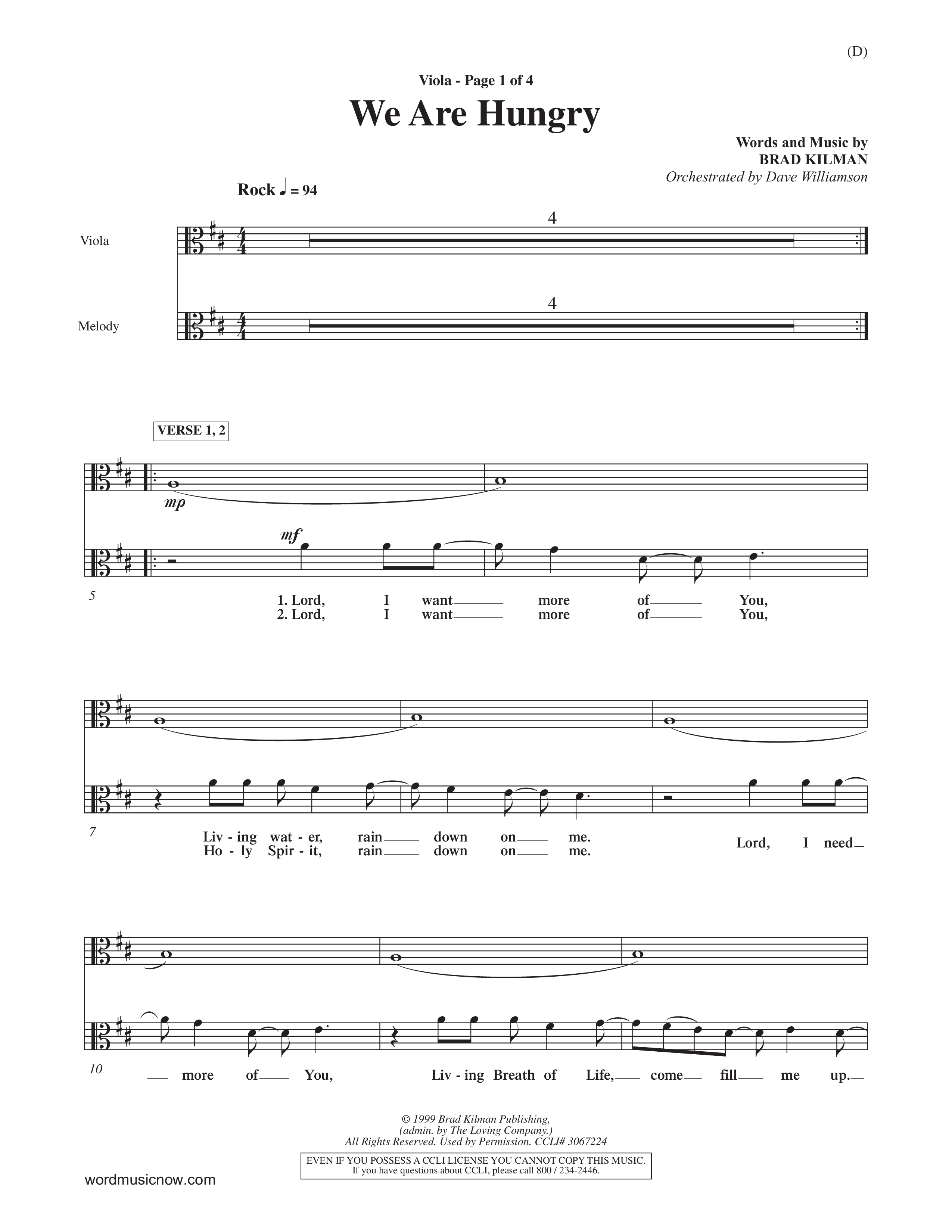 We Are Hungry (Choral Anthem SATB) Viola (Word Music Choral / Orch. Dave Williamson)