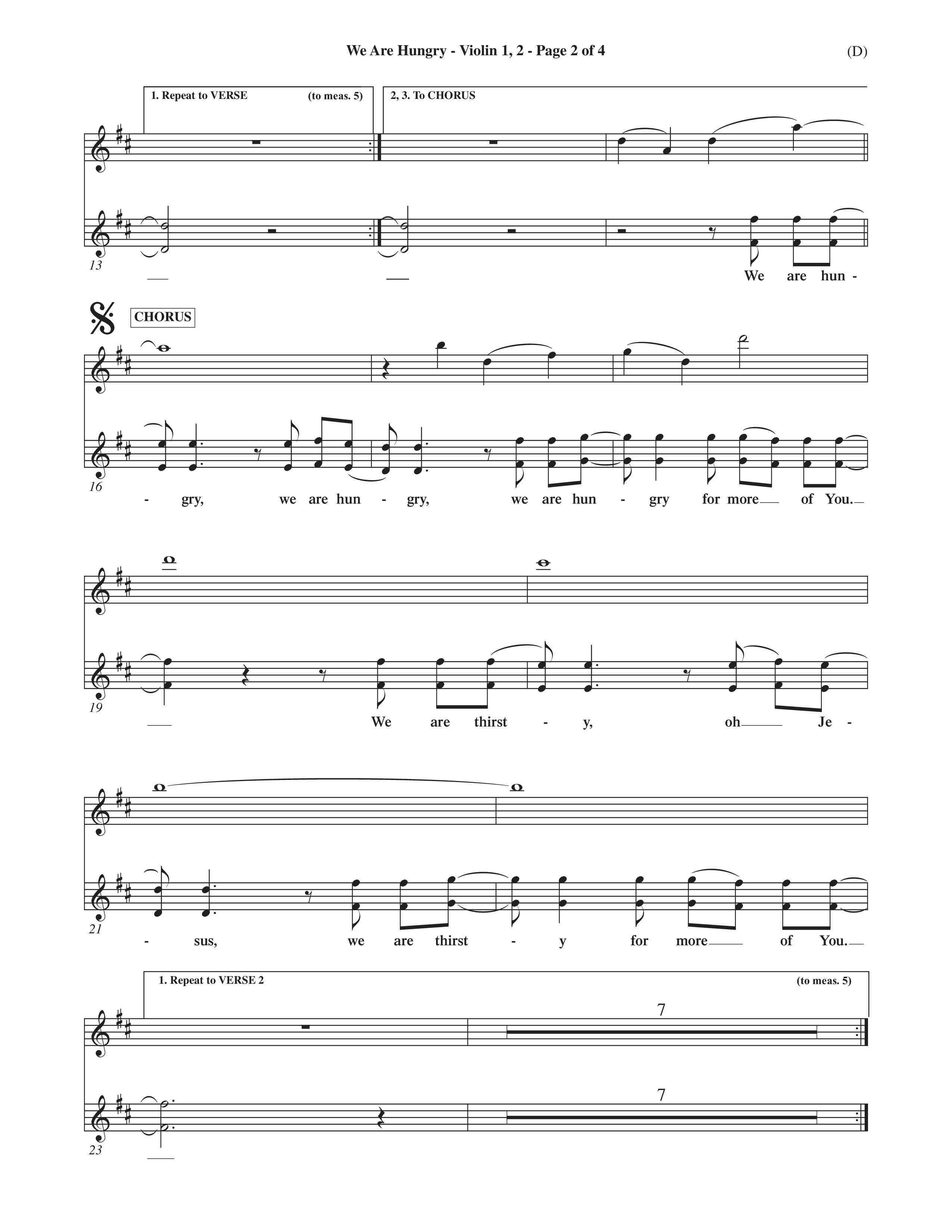 We Are Hungry (Choral Anthem SATB) Violin 1/2 (Word Music Choral / Orch. Dave Williamson)