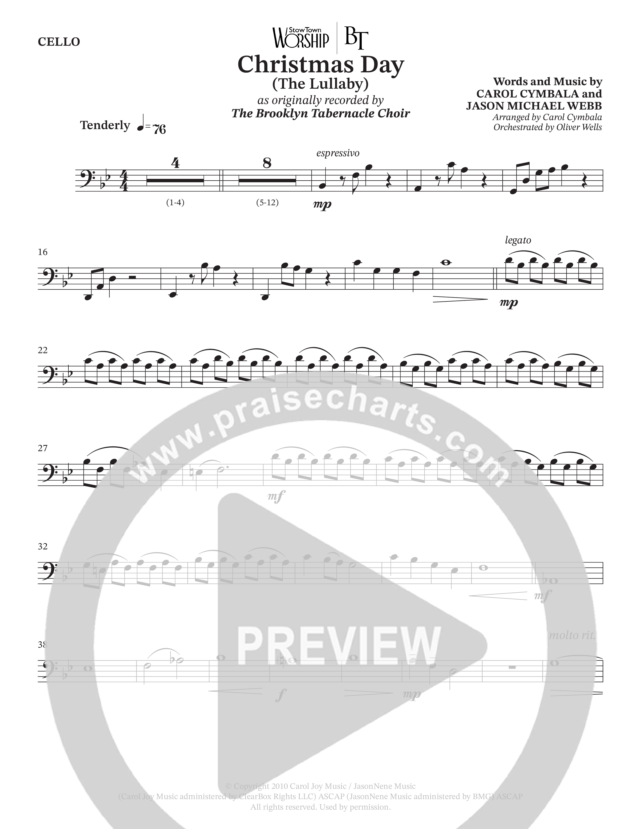 Christmas Day (The Lullaby) (Choral Anthem SATB) Cello (The Brooklyn Tabernacle Choir / Arr. Carol Cymbala / Orch. Oliver Wells)