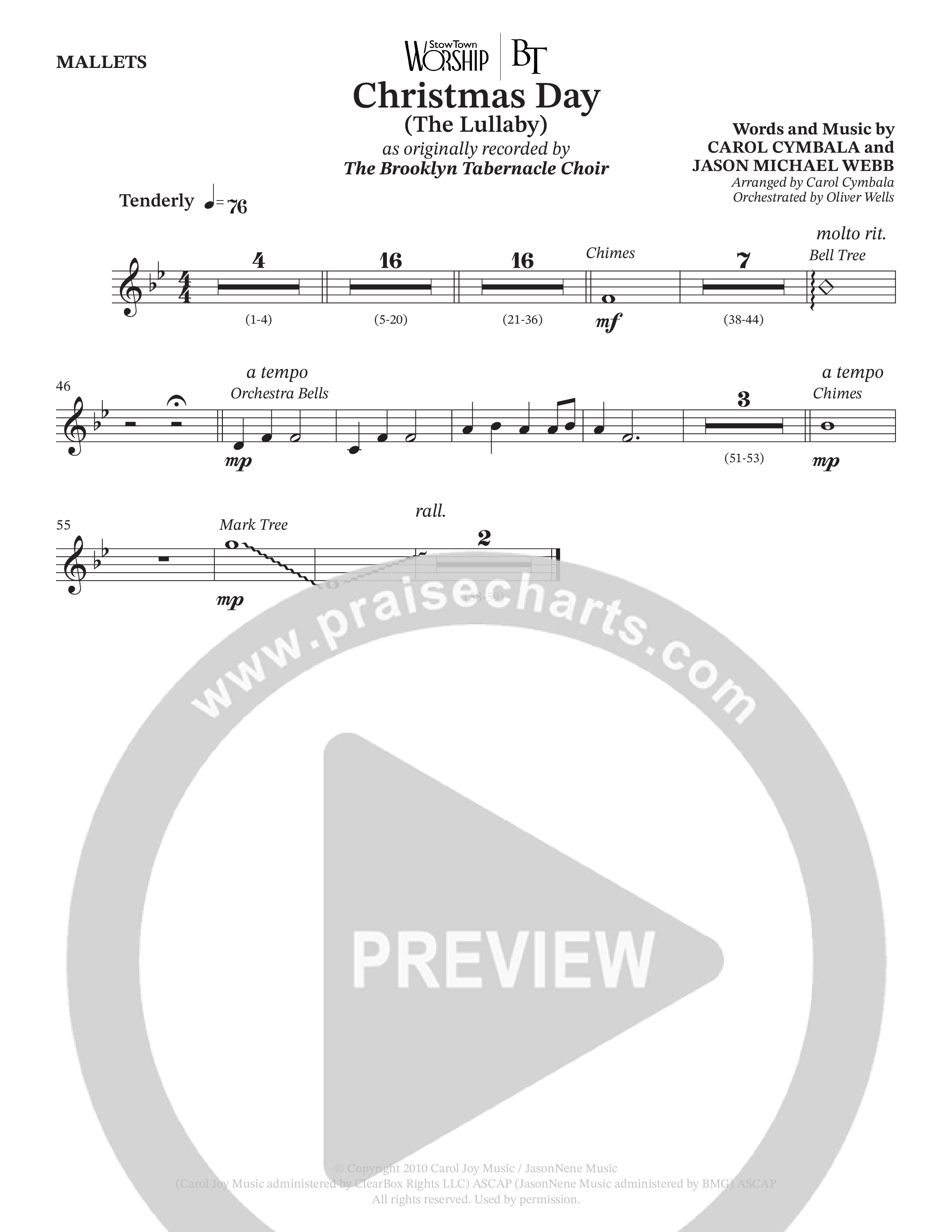 Christmas Day (The Lullaby) (Choral Anthem SATB) Mallets (The Brooklyn Tabernacle Choir / Arr. Carol Cymbala / Orch. Oliver Wells)