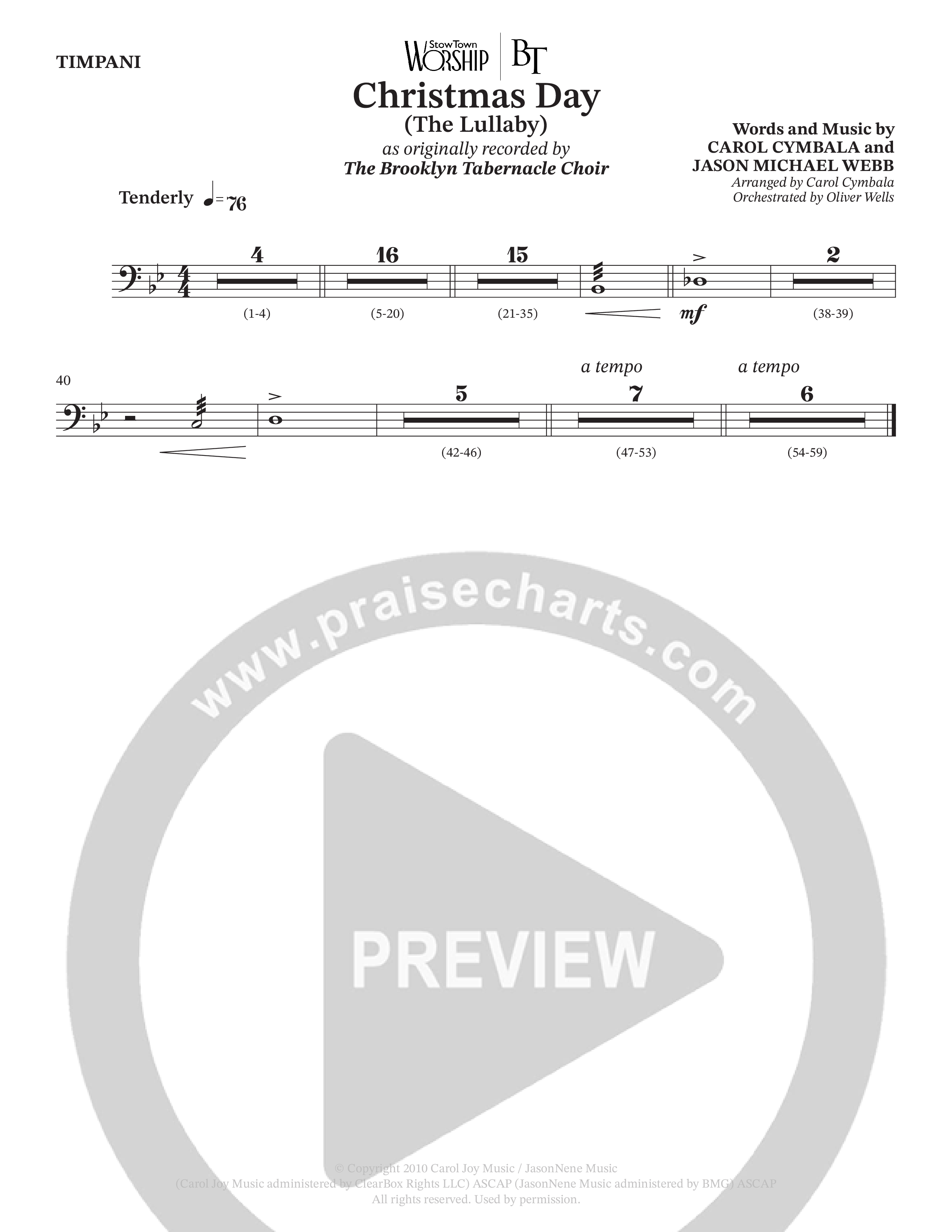 Christmas Day (The Lullaby) (Choral Anthem SATB) Timpani (The Brooklyn Tabernacle Choir / Arr. Carol Cymbala / Orch. Oliver Wells)